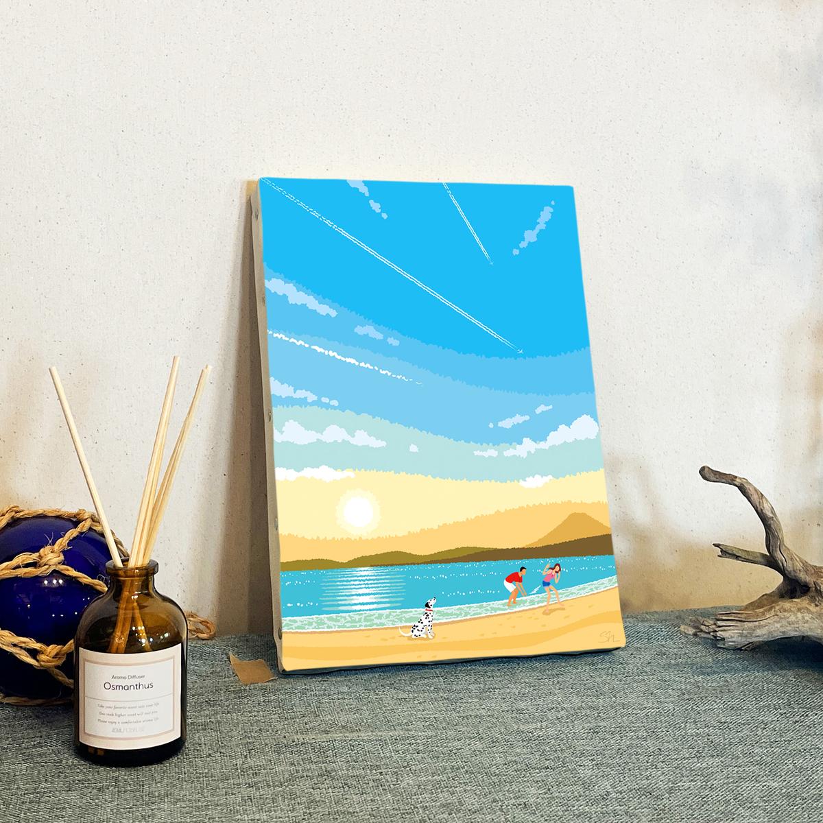 湘南・茅ヶ崎で描く、海を感じるイラストアート 『 湘南ランドスケープ02：ひこうき雲 』　キャンバスアートパネル（小） /絵画 風景 犬 猫