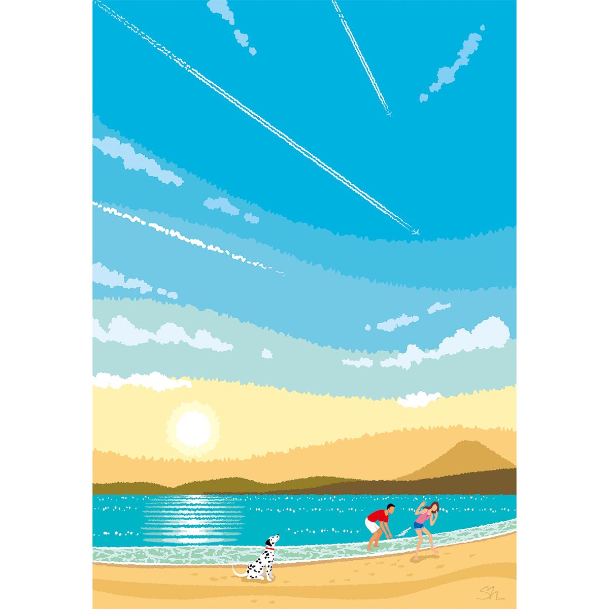 湘南・茅ヶ崎で描く、海を感じるイラストアート 『 湘南ランドスケープ02：ひこうき雲 』　キャンバスアートパネル（小） /絵画 風景 犬 猫