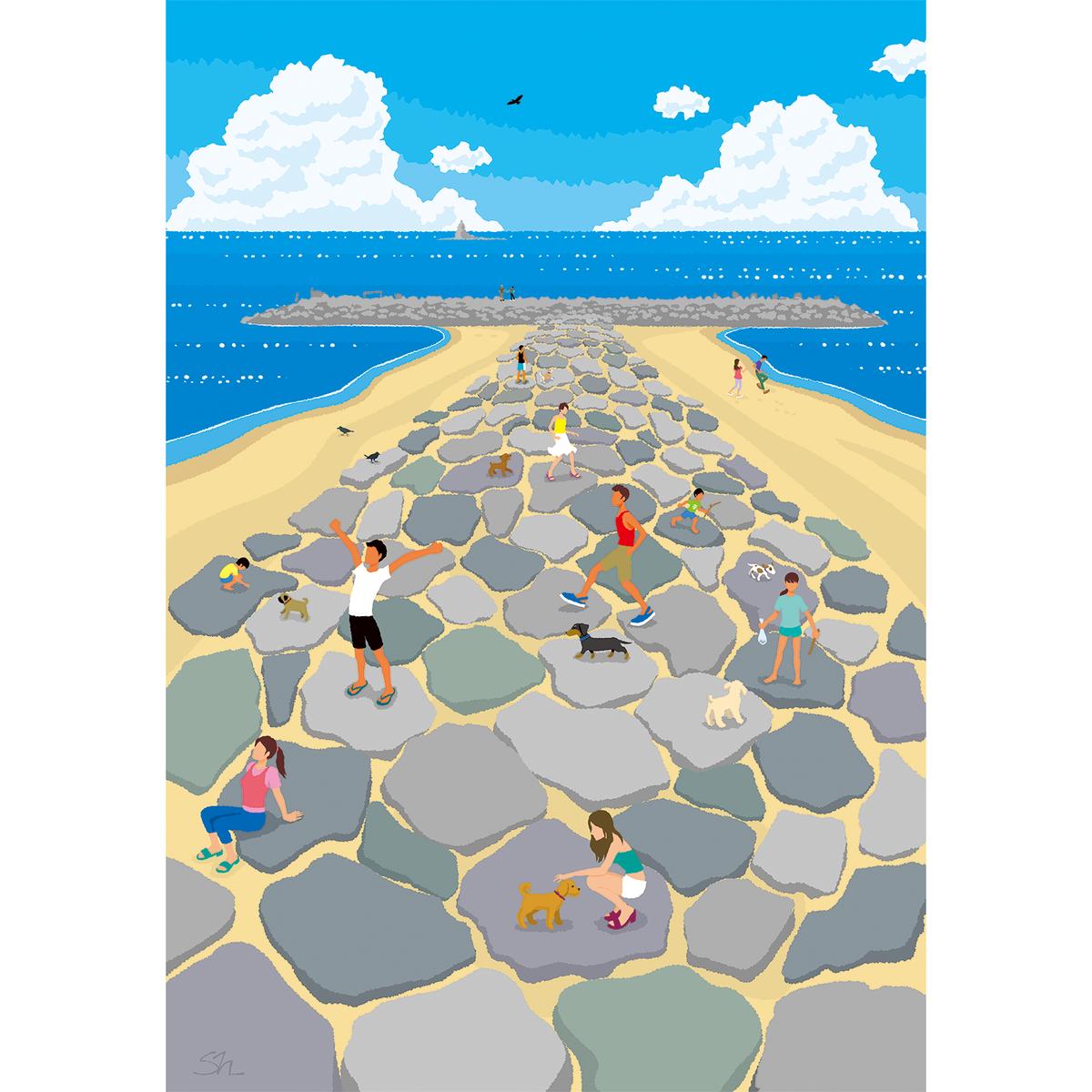 湘南・茅ヶ崎で描く、海を感じるイラストアート 『 湘南ランドスケープ03：茅ヶ崎　ヘッドランド 』　キャンバスアートパネル（小） /絵画 風景 犬 猫