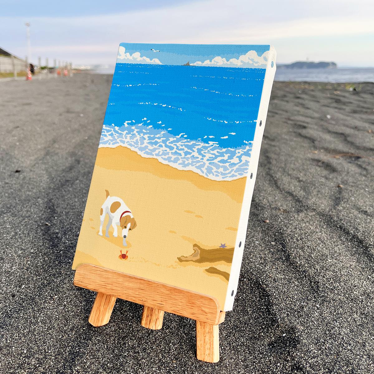 【神奈川県茅ヶ崎市】湘南・茅ヶ崎で描く、海を感じるイラストアート 『 湘南ランドスケープ04:渚の遭遇 』 キャンバスアートパネル(小)/ 絵画 風景 犬 猫