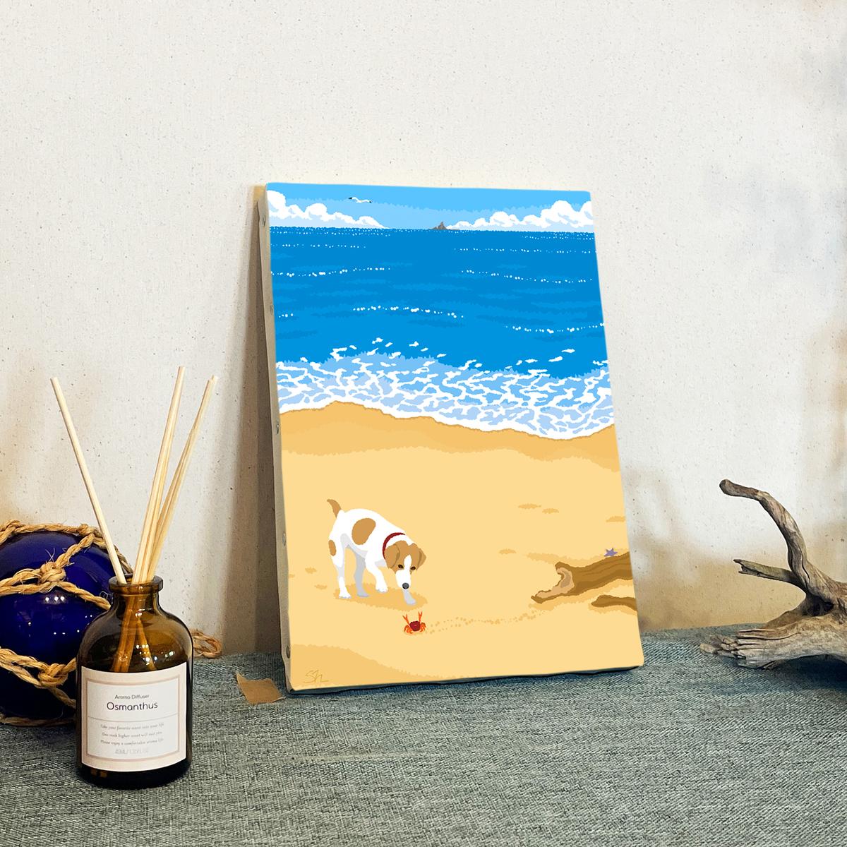 湘南・茅ヶ崎で描く、海を感じるイラストアート 『 湘南ランドスケープ04：渚の遭遇 』　キャンバスアートパネル（小）/ 絵画 風景 犬 猫