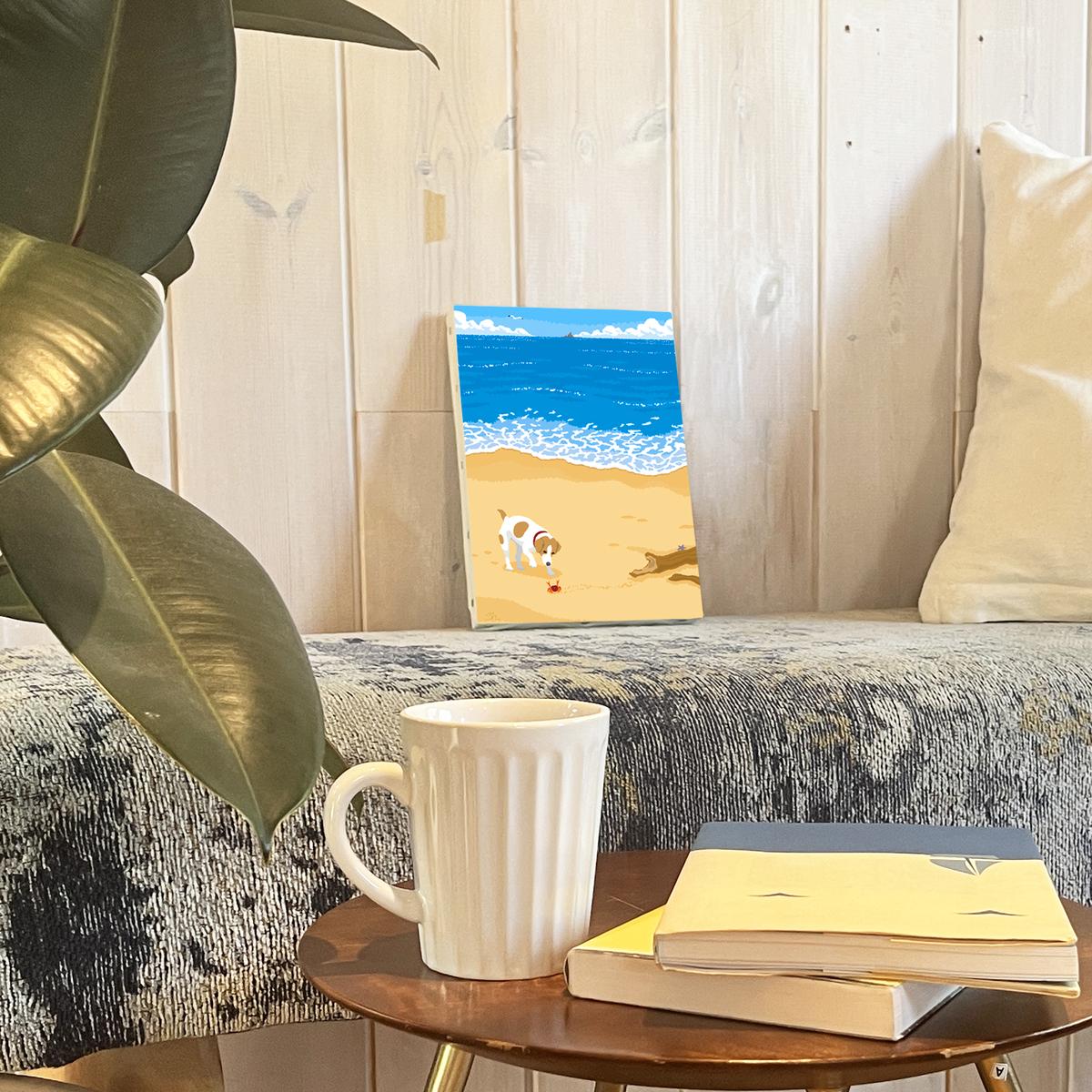 湘南・茅ヶ崎で描く、海を感じるイラストアート 『 湘南ランドスケープ04：渚の遭遇 』　キャンバスアートパネル（小）/ 絵画 風景 犬 猫