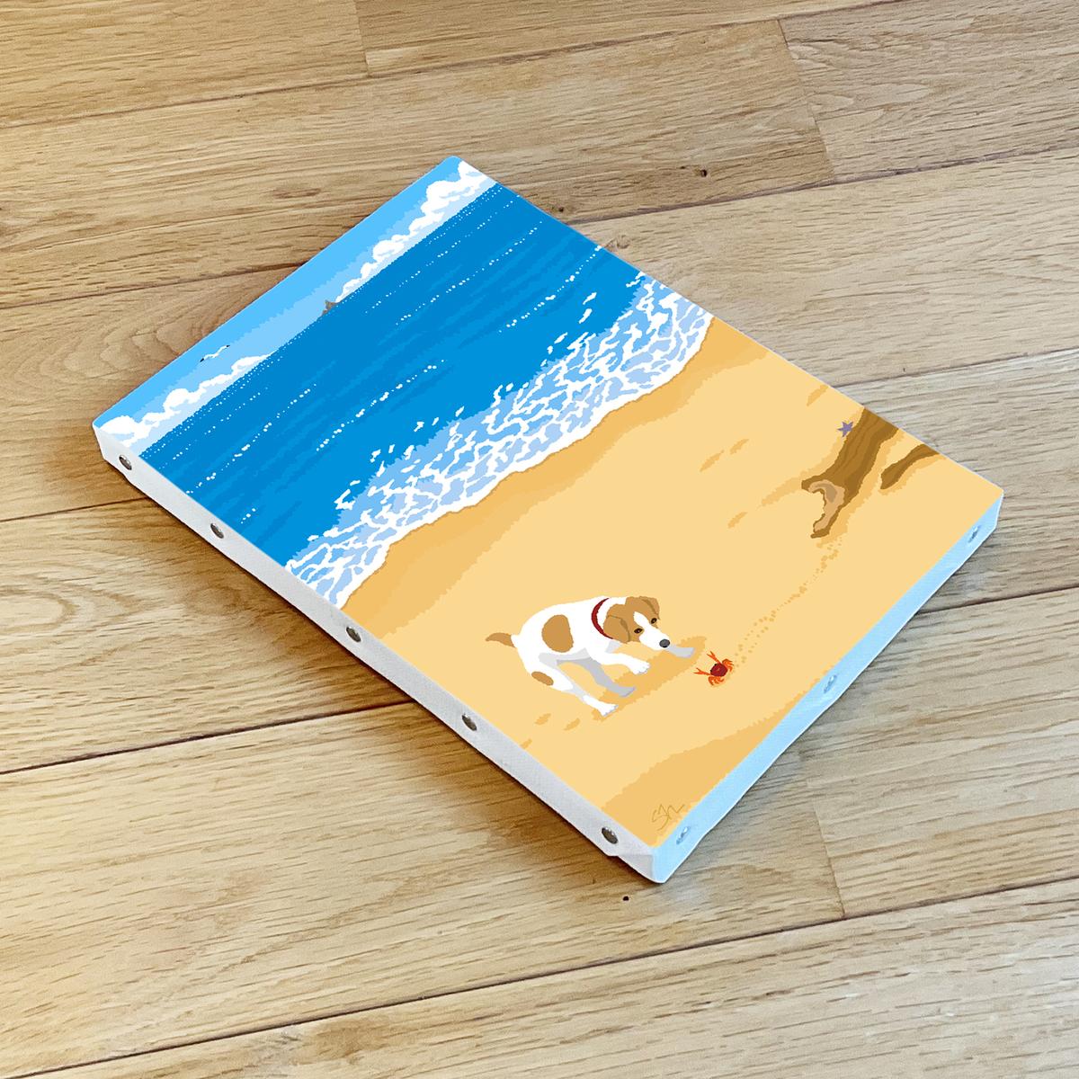 湘南・茅ヶ崎で描く、海を感じるイラストアート 『 湘南ランドスケープ04：渚の遭遇 』　キャンバスアートパネル（小）/ 絵画 風景 犬 猫
