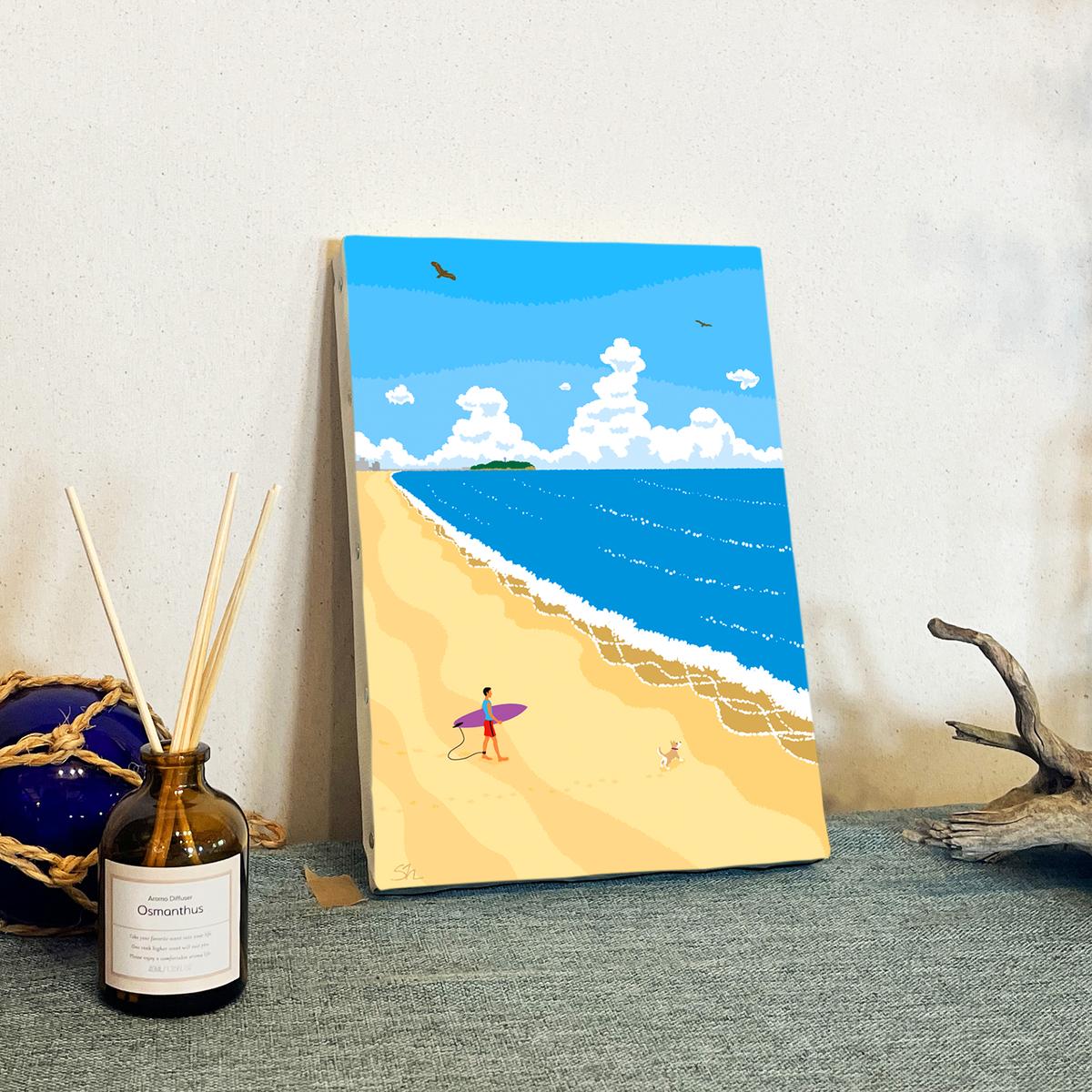 湘南・茅ヶ崎で描く、海を感じるイラストアート 『 湘南ランドスケープ05：波に向かって 』　キャンバスアートパネル（小） /絵画 風景 犬 猫