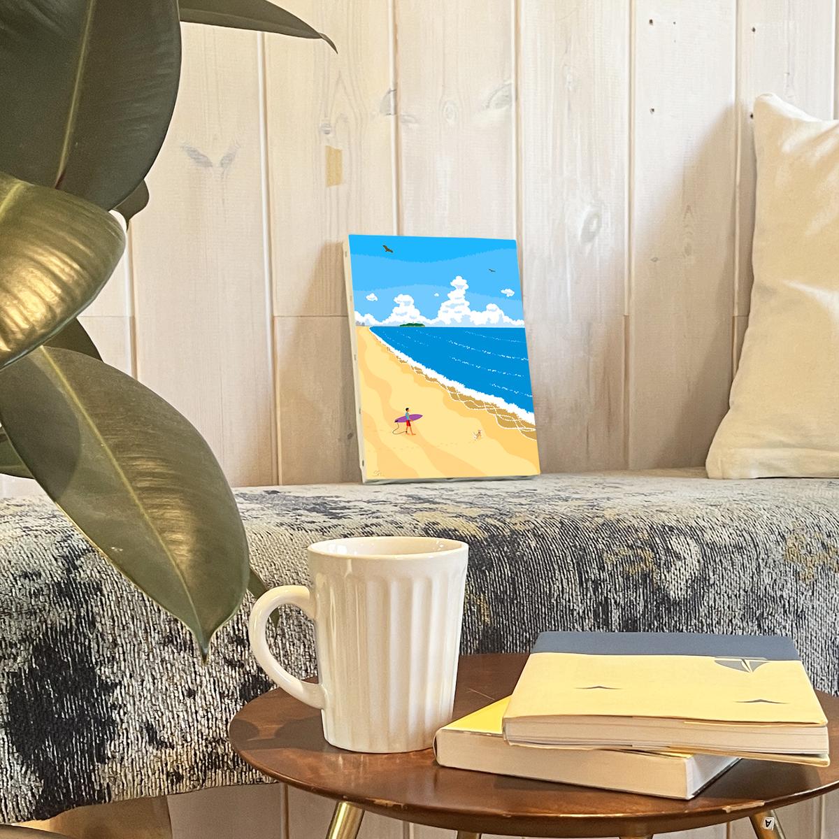 湘南・茅ヶ崎で描く、海を感じるイラストアート 『 湘南ランドスケープ05：波に向かって 』　キャンバスアートパネル（小） /絵画 風景 犬 猫