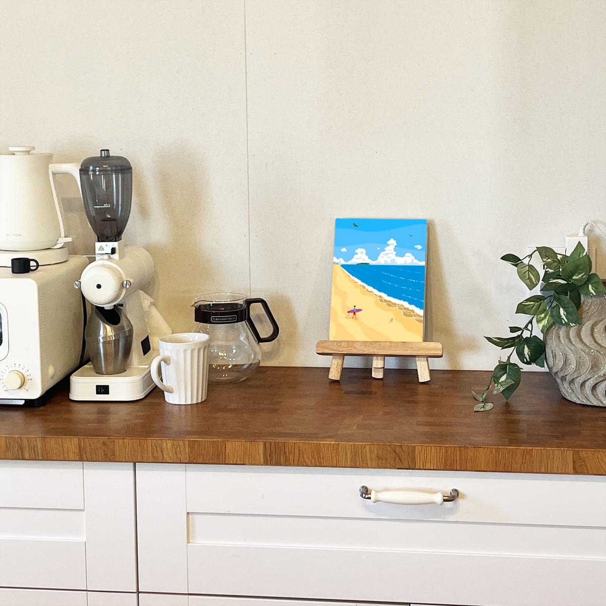 湘南・茅ヶ崎で描く、海を感じるイラストアート 『 湘南ランドスケープ05：波に向かって 』　キャンバスアートパネル（小） /絵画 風景 犬 猫