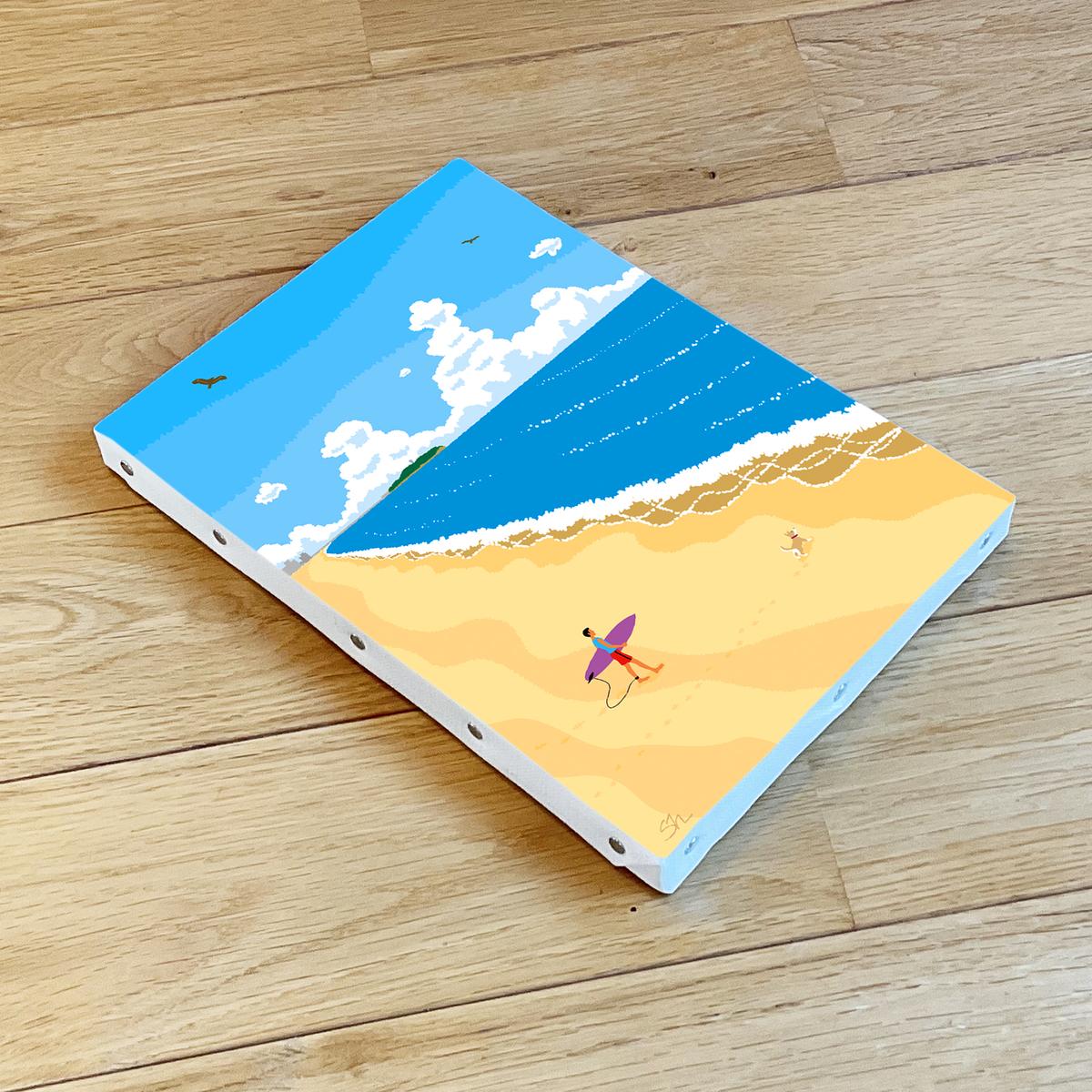 湘南・茅ヶ崎で描く、海を感じるイラストアート 『 湘南ランドスケープ05：波に向かって 』　キャンバスアートパネル（小） /絵画 風景 犬 猫