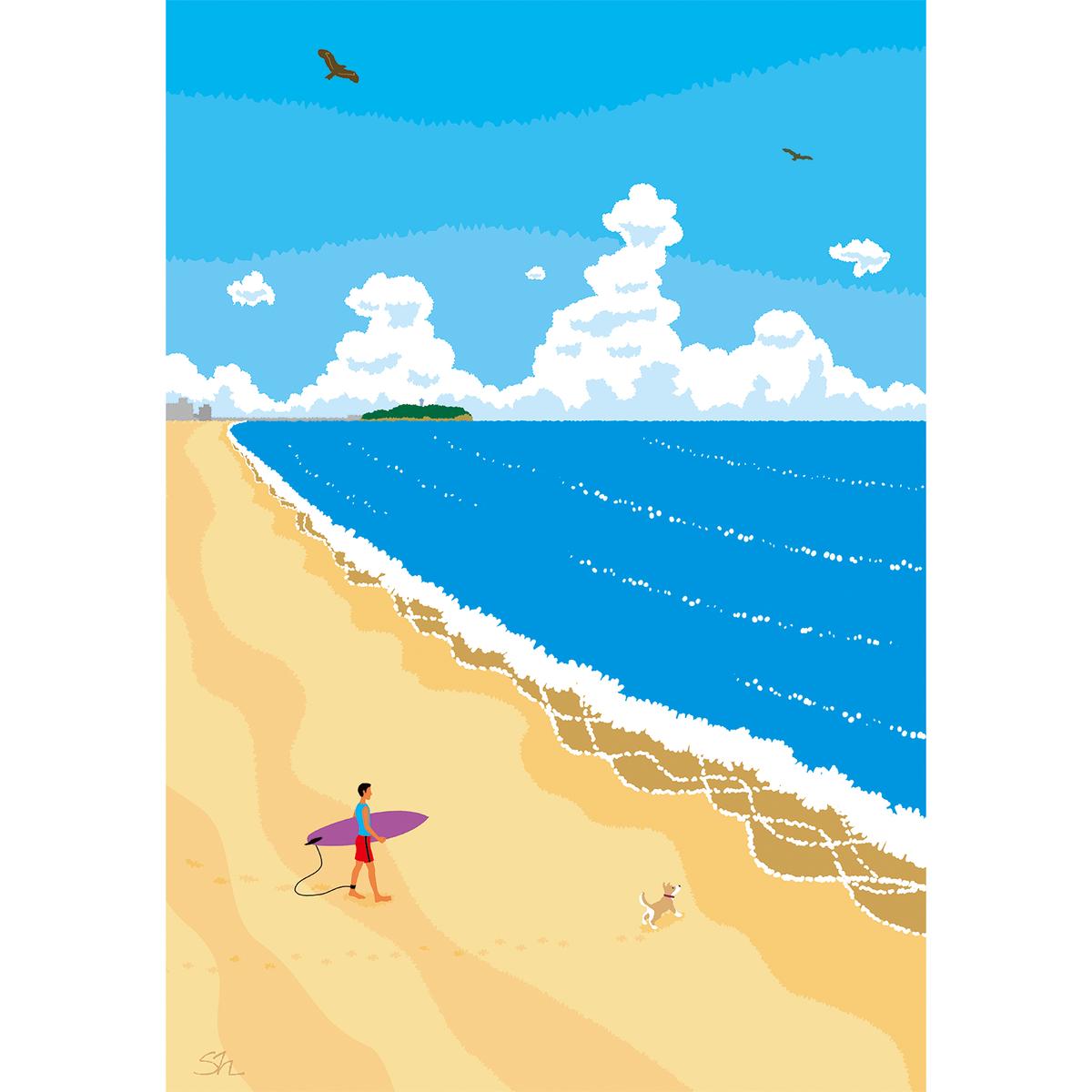 湘南・茅ヶ崎で描く、海を感じるイラストアート 『 湘南ランドスケープ05：波に向かって 』　キャンバスアートパネル（小） /絵画 風景 犬 猫