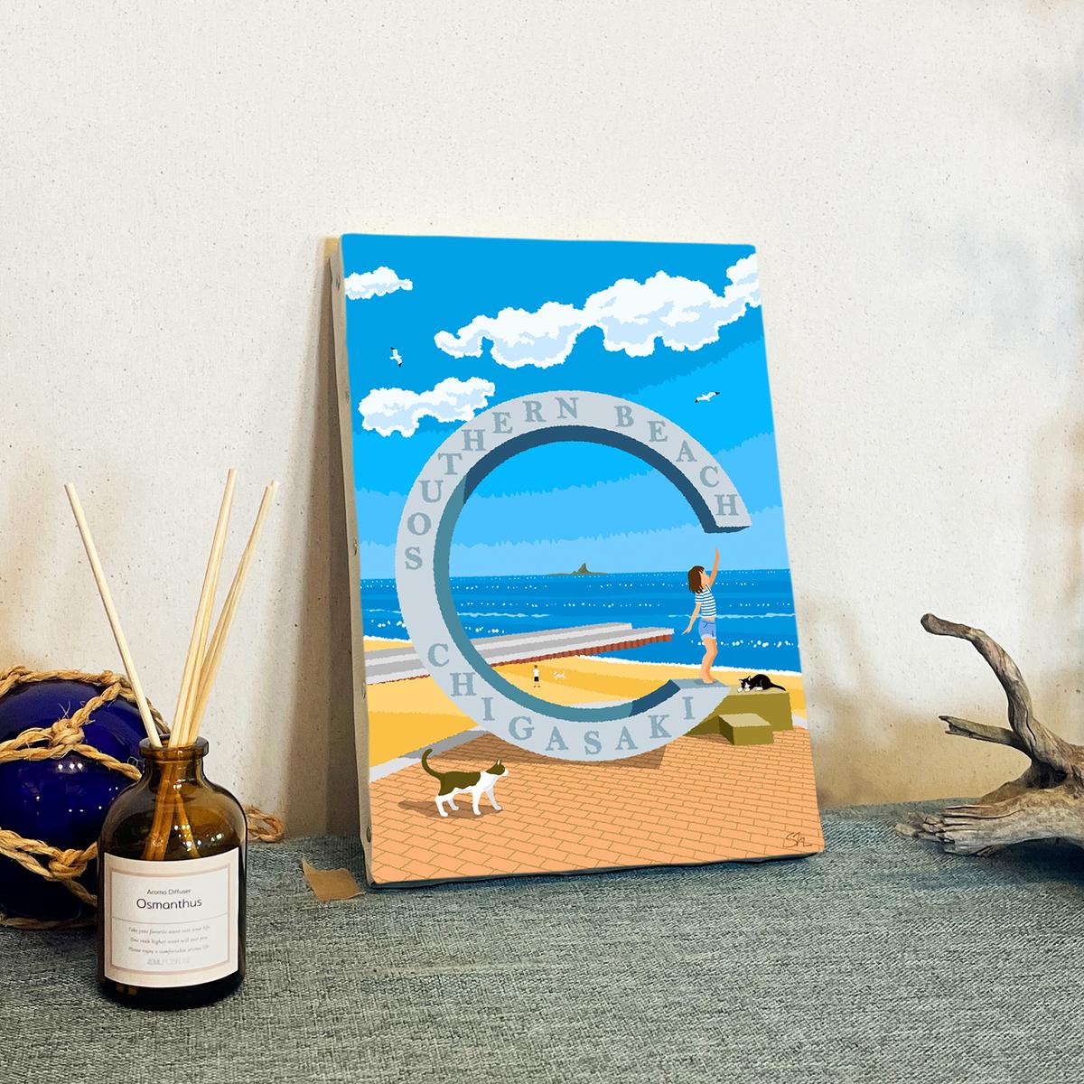 湘南・茅ヶ崎で描く、海を感じるイラストアート 『 湘南ランドスケープ06：届くかな...サザンC 』　キャンバスアートパネル（小） /絵画 風景 犬 猫