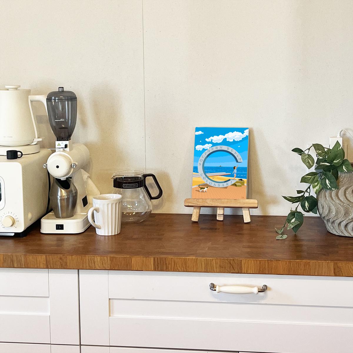 湘南・茅ヶ崎で描く、海を感じるイラストアート 『 湘南ランドスケープ06：届くかな...サザンC 』　キャンバスアートパネル（小） /絵画 風景 犬 猫