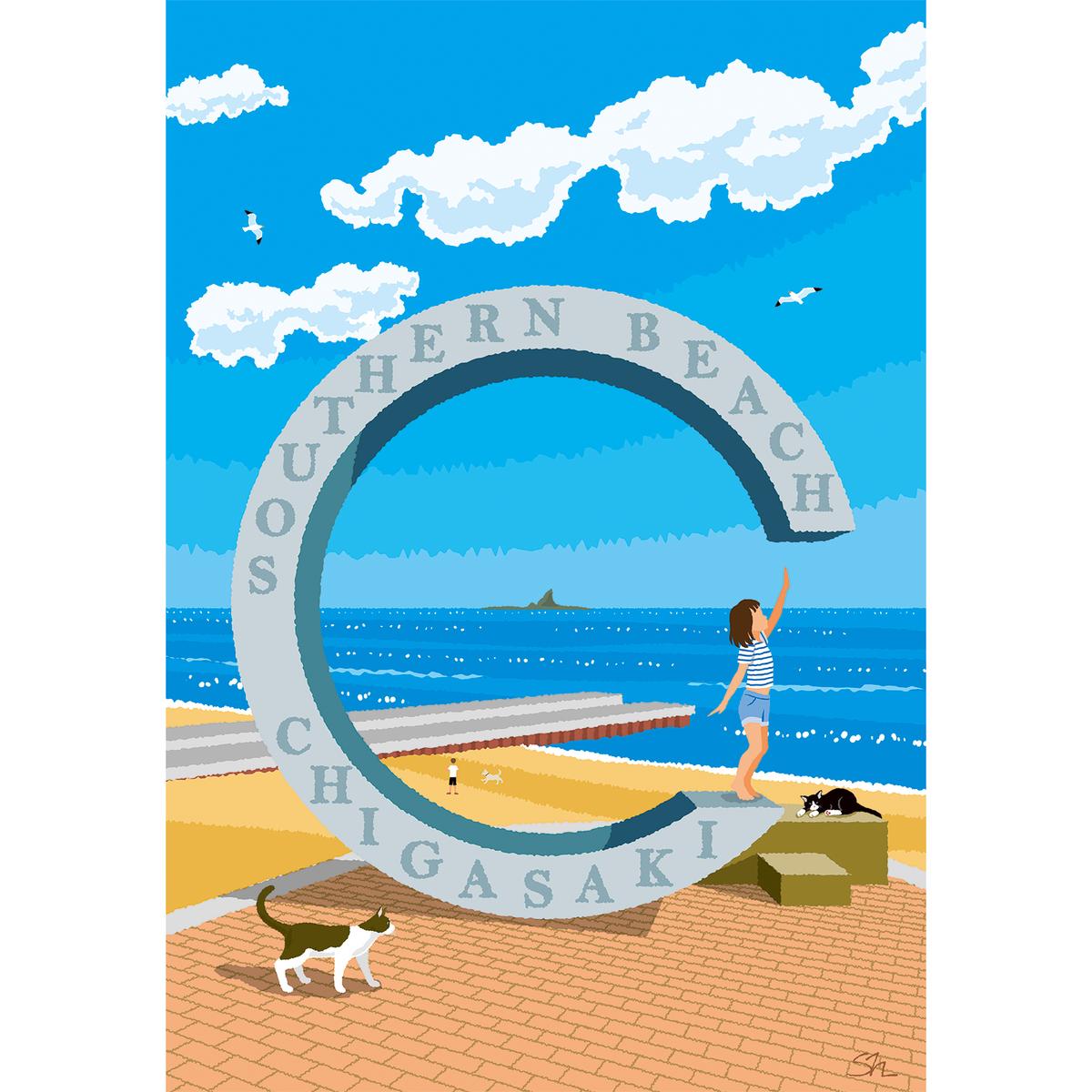 湘南・茅ヶ崎で描く、海を感じるイラストアート 『 湘南ランドスケープ06：届くかな...サザンC 』　キャンバスアートパネル（小） /絵画 風景 犬 猫