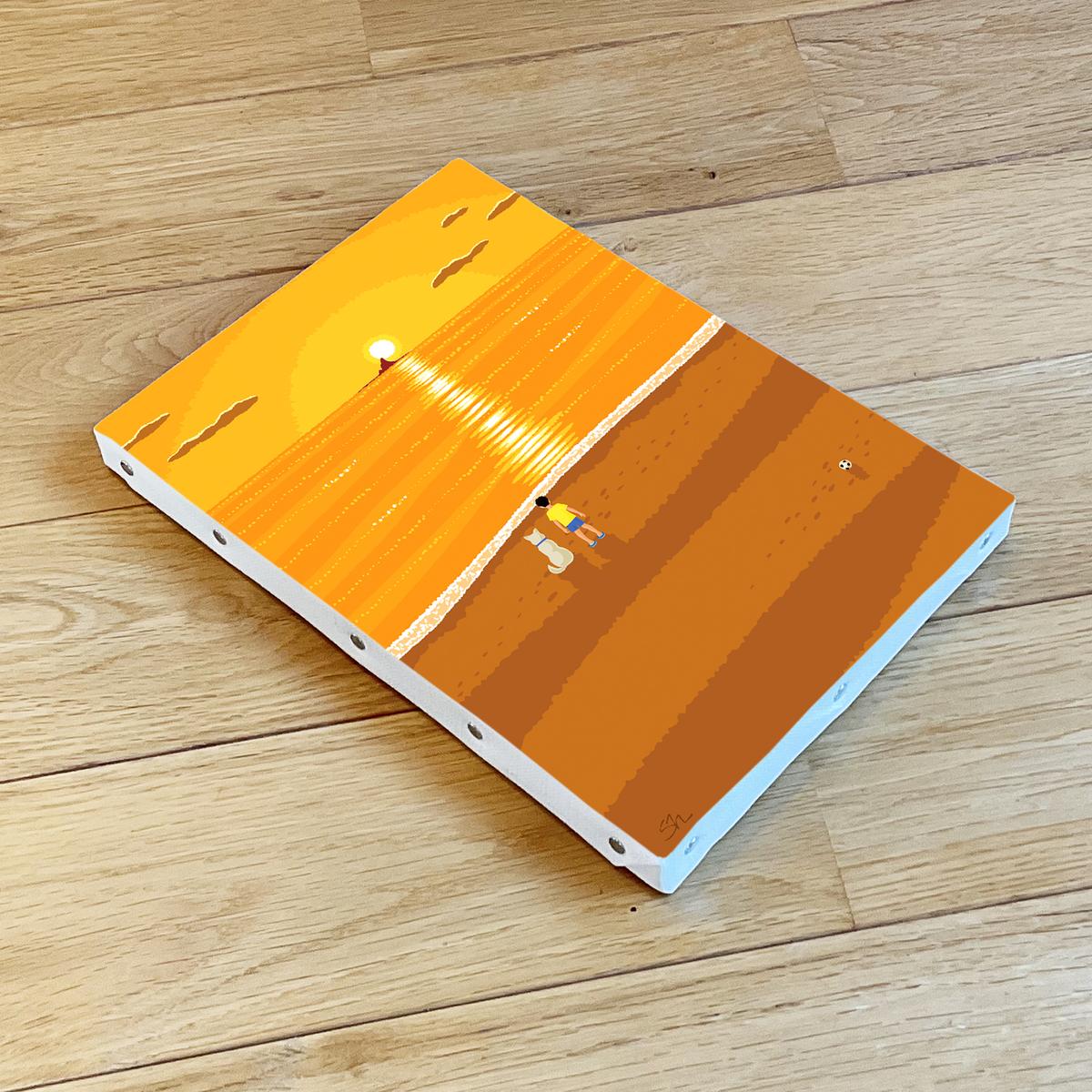 湘南・茅ヶ崎で描く、海を感じるイラストアート 『 湘南ランドスケープ07：夕焼け、光の道 』　キャンバスアートパネル（小） /絵画 風景 犬 猫