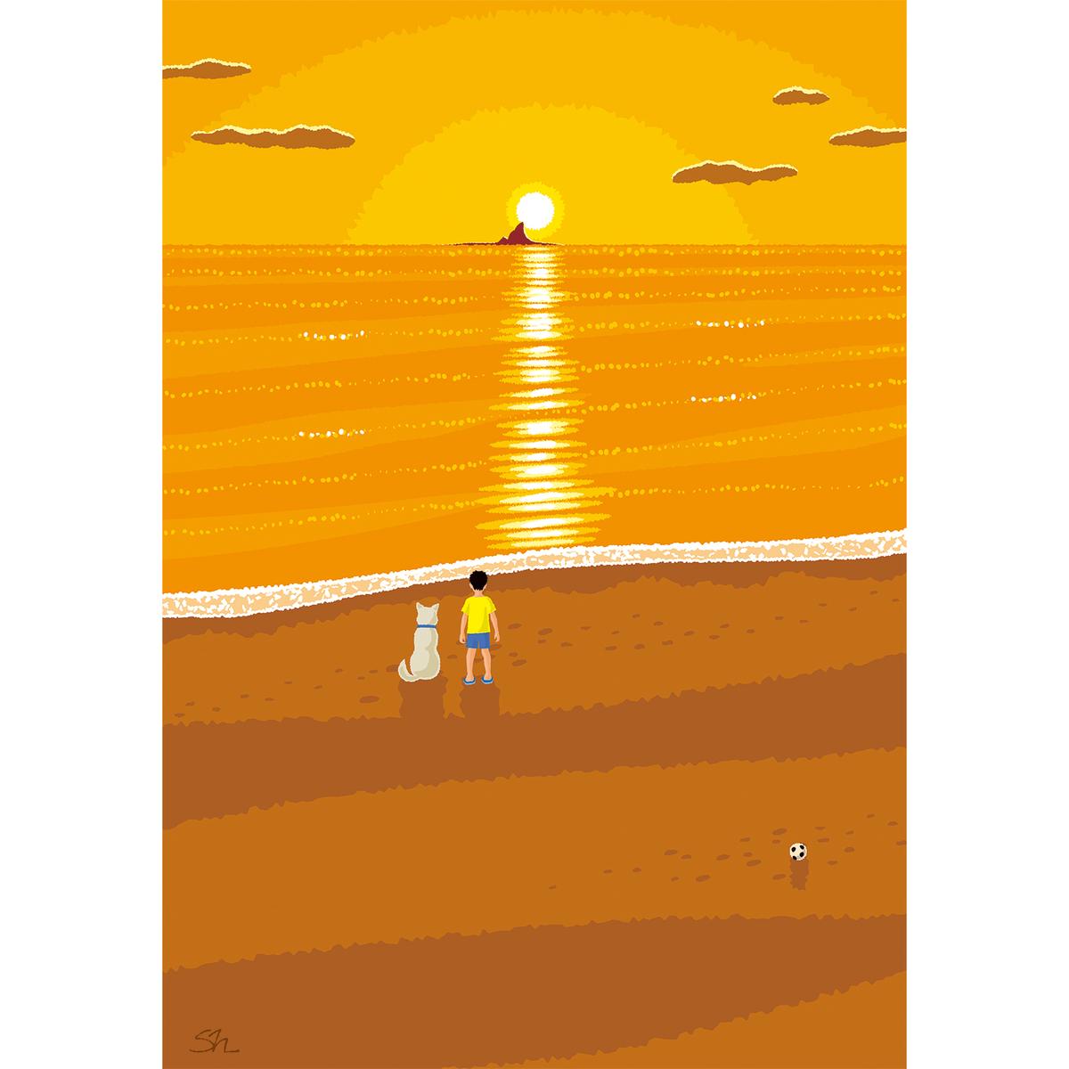 湘南・茅ヶ崎で描く、海を感じるイラストアート 『 湘南ランドスケープ07：夕焼け、光の道 』　キャンバスアートパネル（小） /絵画 風景 犬 猫