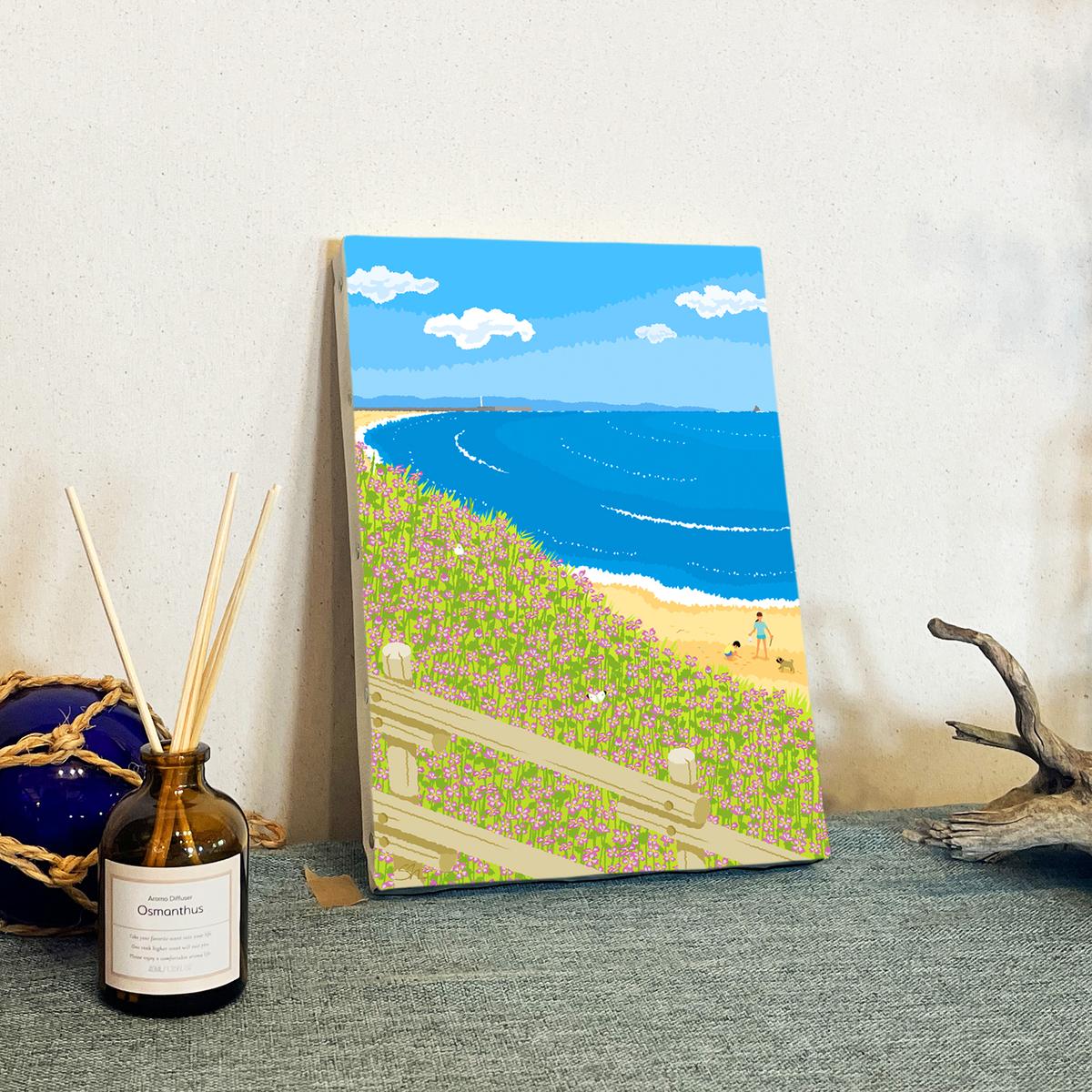 湘南・茅ヶ崎で描く、海を感じるイラストアート 『 湘南ランドスケープ08：海辺のハマダイコン 』　キャンバスアートパネル（小） /絵画 風景 犬 猫