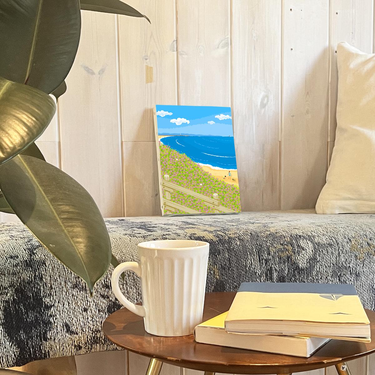 湘南・茅ヶ崎で描く、海を感じるイラストアート 『 湘南ランドスケープ08：海辺のハマダイコン 』　キャンバスアートパネル（小） /絵画 風景 犬 猫