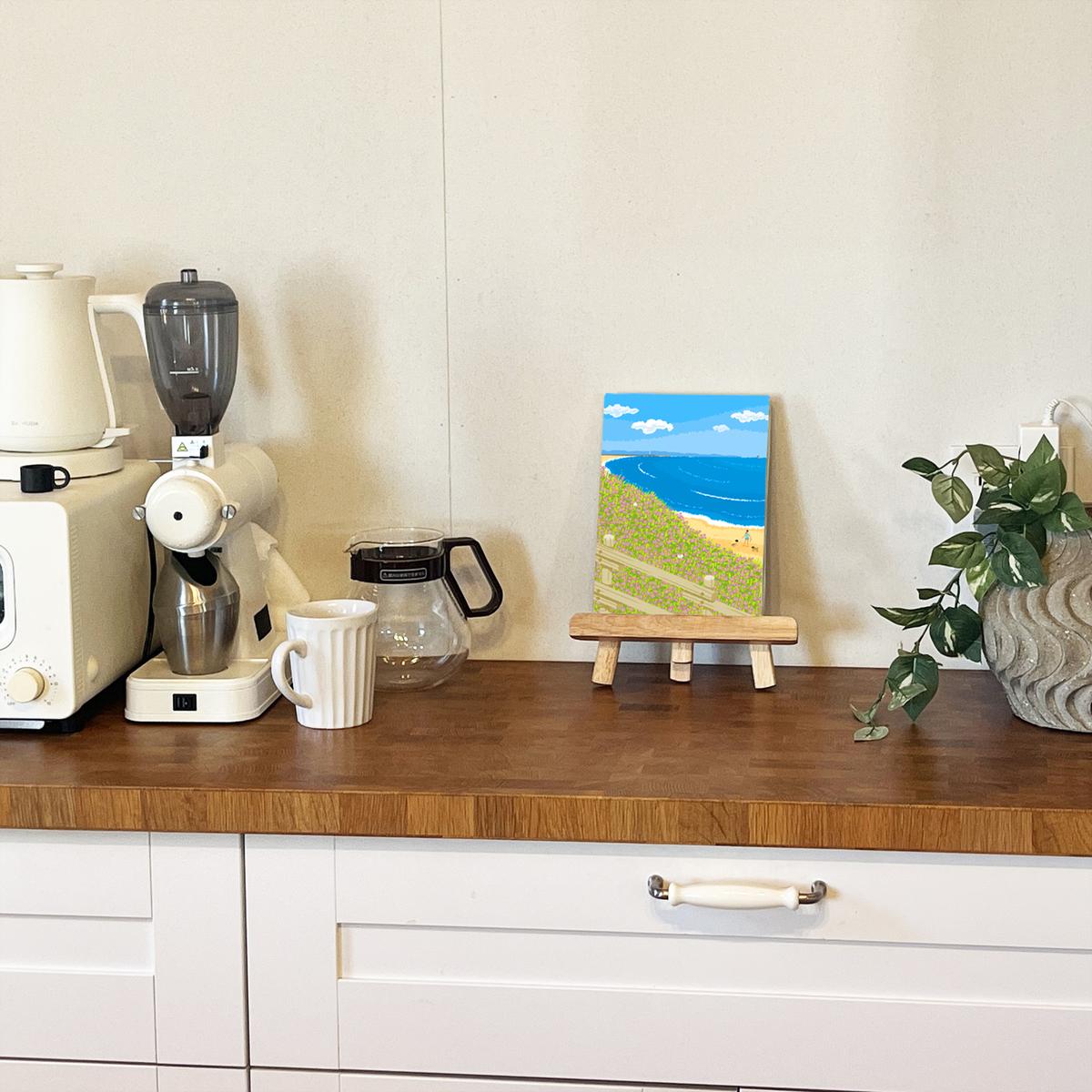 湘南・茅ヶ崎で描く、海を感じるイラストアート 『 湘南ランドスケープ08：海辺のハマダイコン 』　キャンバスアートパネル（小） /絵画 風景 犬 猫