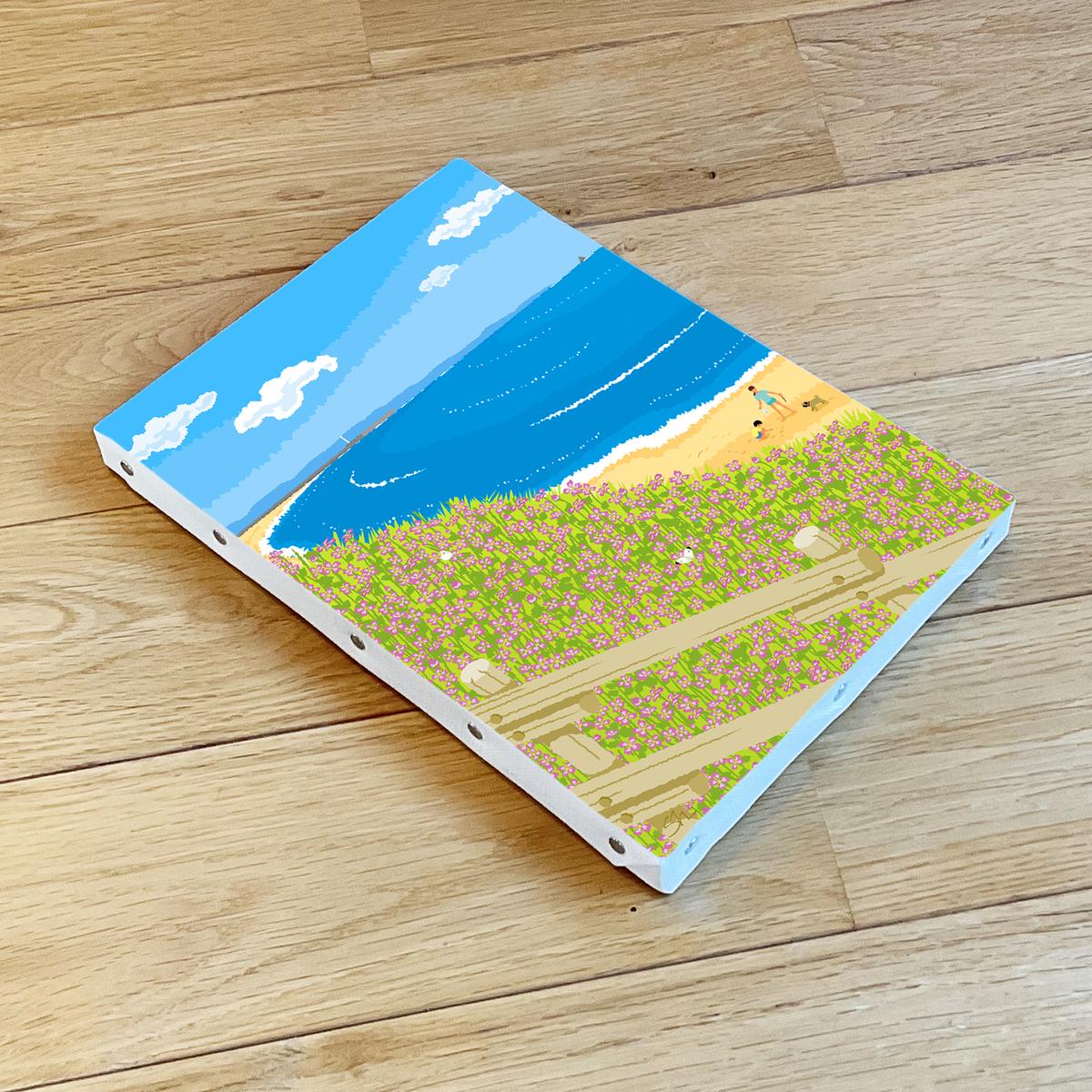 湘南・茅ヶ崎で描く、海を感じるイラストアート 『 湘南ランドスケープ08：海辺のハマダイコン 』　キャンバスアートパネル（小） /絵画 風景 犬 猫