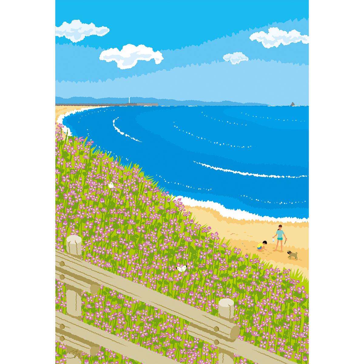 湘南・茅ヶ崎で描く、海を感じるイラストアート 『 湘南ランドスケープ08：海辺のハマダイコン 』　キャンバスアートパネル（小） /絵画 風景 犬 猫