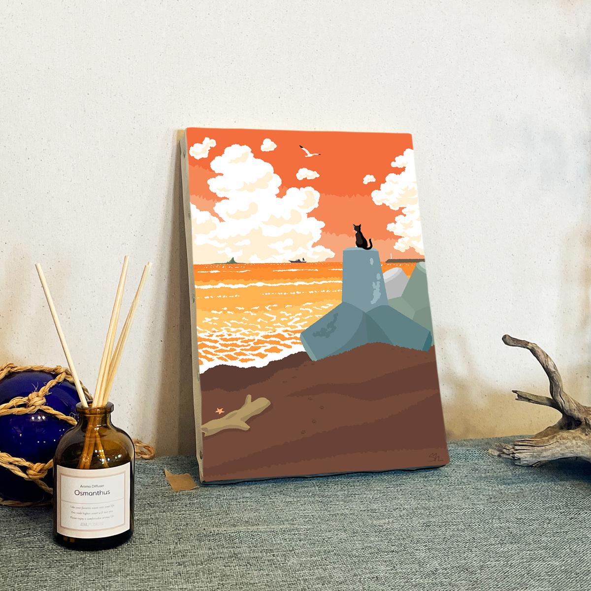 湘南・茅ヶ崎で描く、海を感じるイラストアート 『 湘南ランドスケープ09：夕暮れのサザンビーチ 』　キャンバスアートパネル（小）/絵画 風景 犬 猫