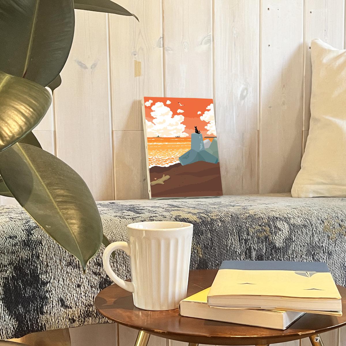 湘南・茅ヶ崎で描く、海を感じるイラストアート 『 湘南ランドスケープ09：夕暮れのサザンビーチ 』　キャンバスアートパネル（小）/絵画 風景 犬 猫