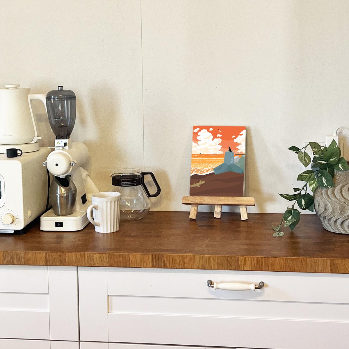 湘南・茅ヶ崎で描く、海を感じるイラストアート 『 湘南ランドスケープ09：夕暮れのサザンビーチ 』　キャンバスアートパネル（小）/絵画 風景 犬 猫