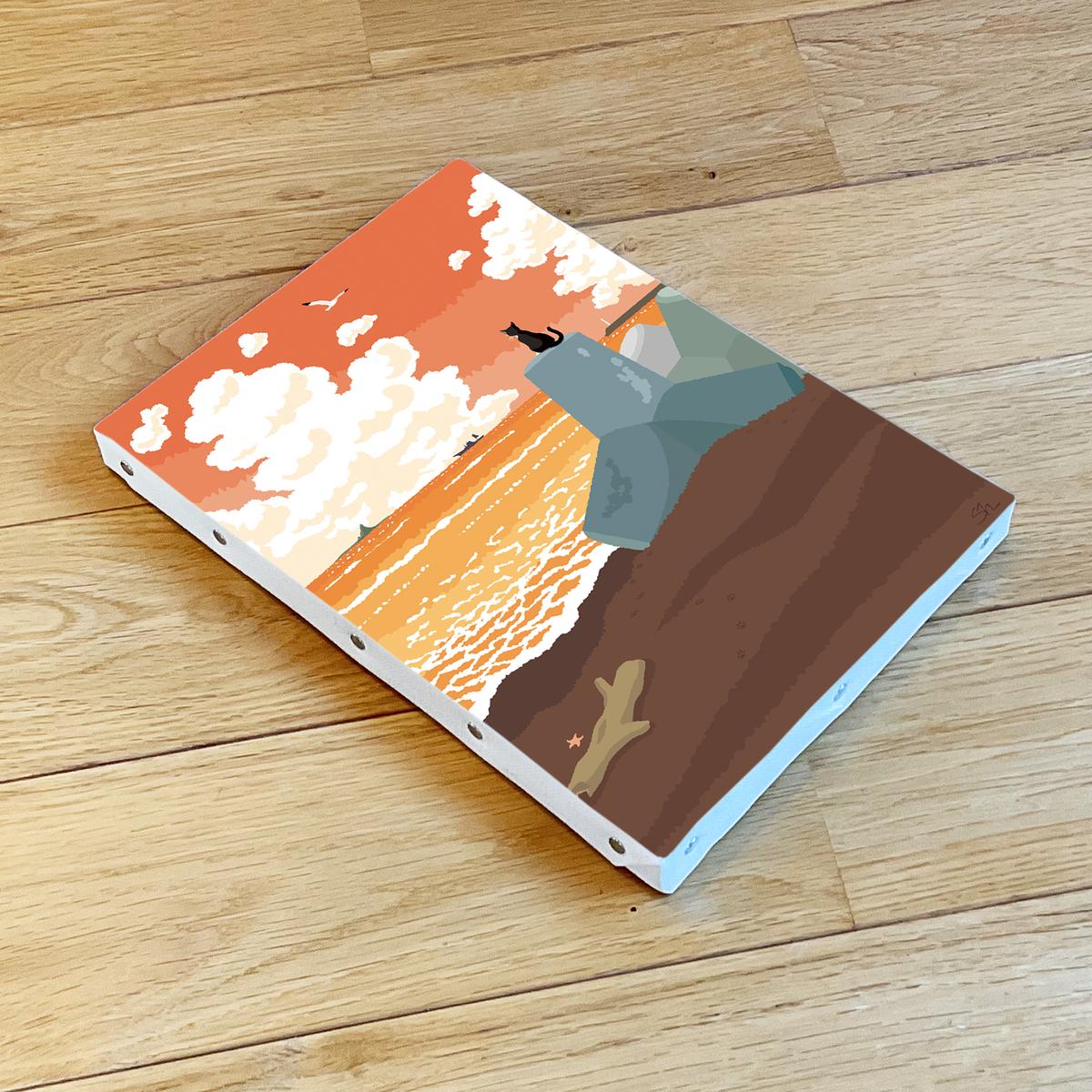 湘南・茅ヶ崎で描く、海を感じるイラストアート 『 湘南ランドスケープ09：夕暮れのサザンビーチ 』　キャンバスアートパネル（小）/絵画 風景 犬 猫