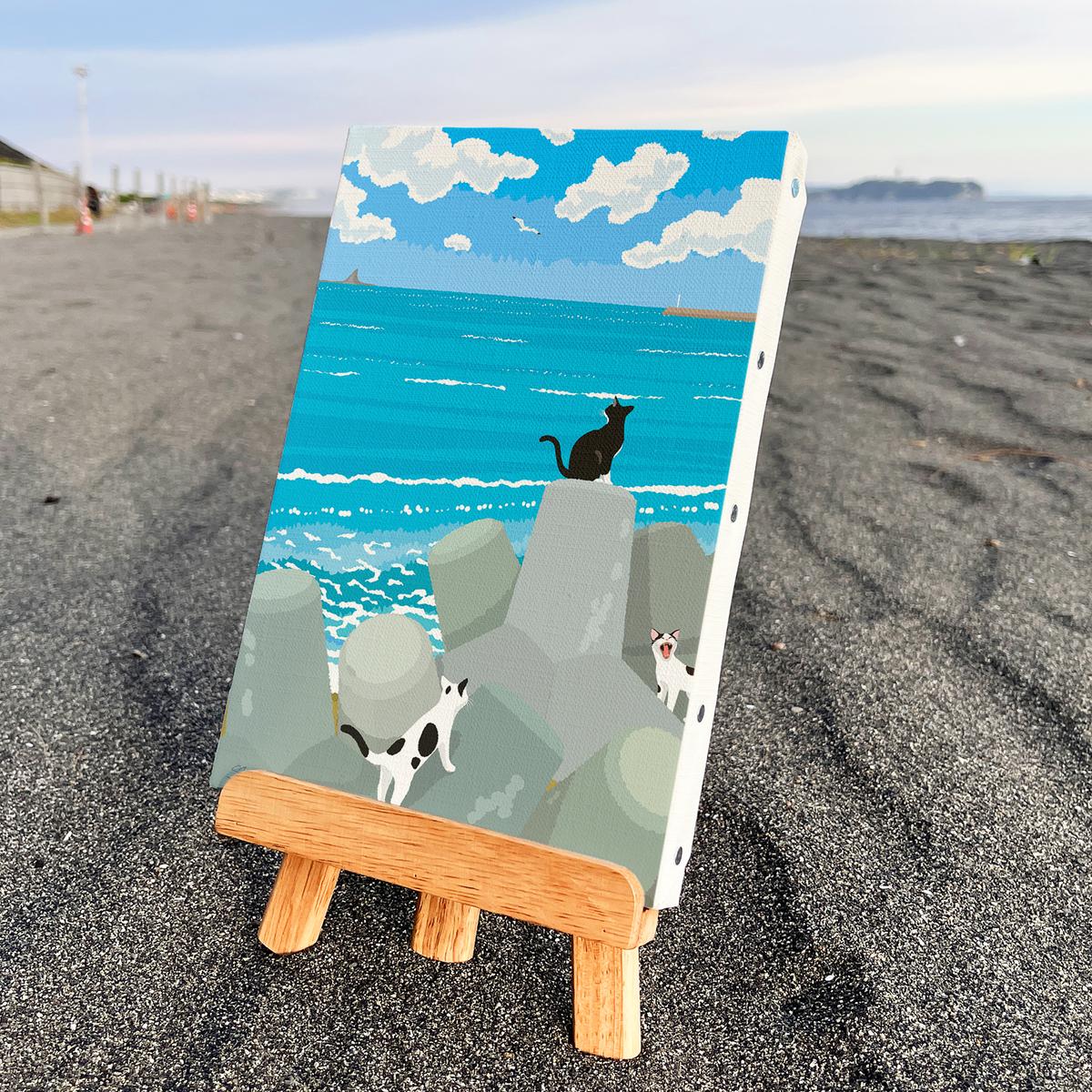 【神奈川県茅ヶ崎市】湘南・茅ヶ崎で描く、海を感じるイラストアート 『 湘南ランドスケープ10:午後の集会、俺たちの海 』 キャンバスアートパネル(小) /絵画 風景 犬 猫