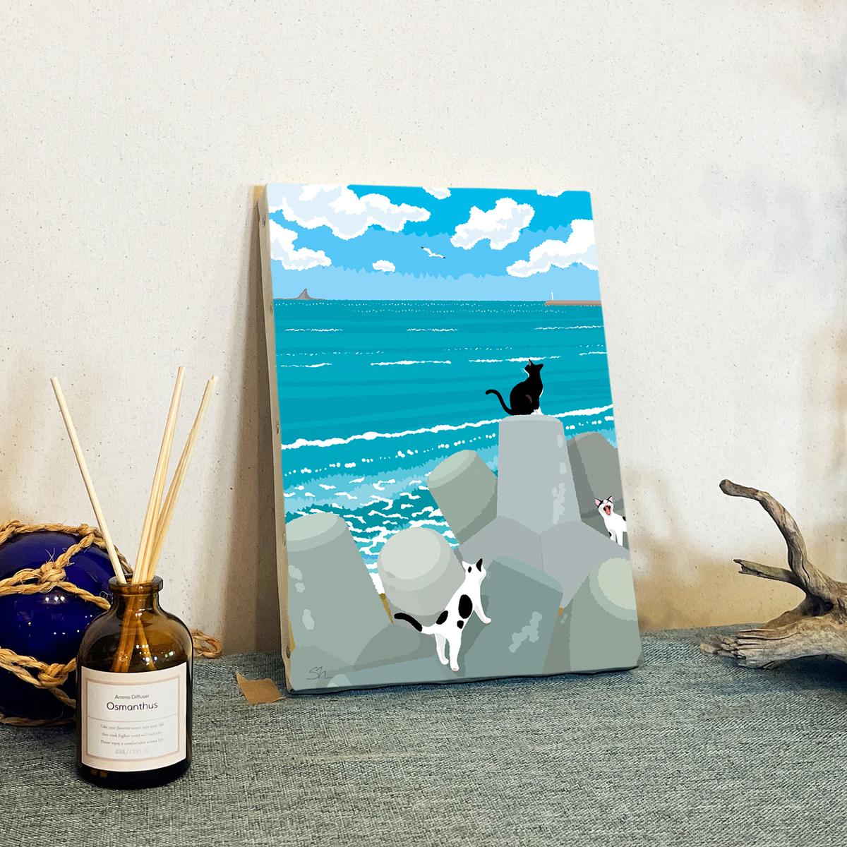 湘南・茅ヶ崎で描く、海を感じるイラストアート 『 湘南ランドスケープ10：午後の集会、俺たちの海 』　キャンバスアートパネル（小） /絵画 風景 犬 猫