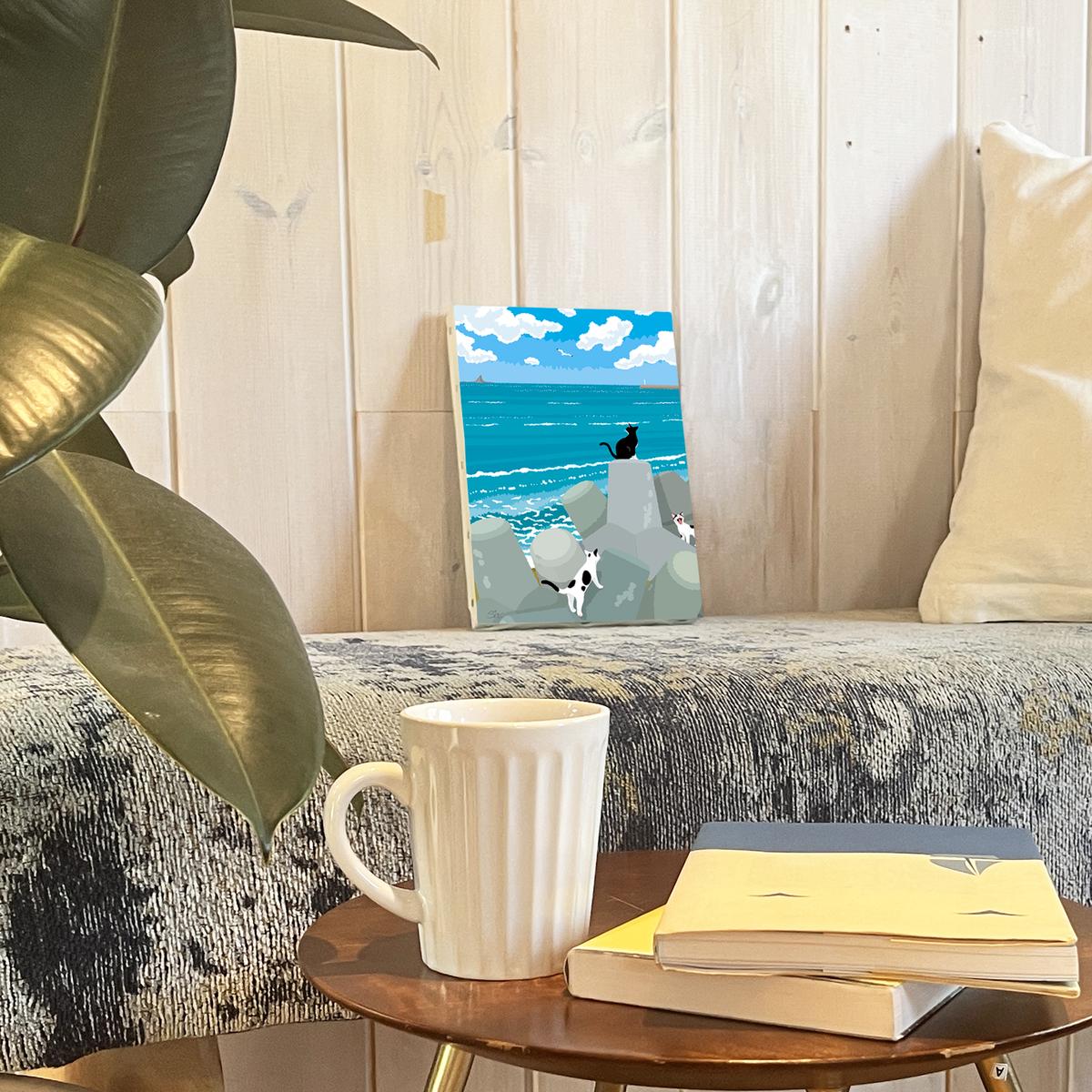 湘南・茅ヶ崎で描く、海を感じるイラストアート 『 湘南ランドスケープ10：午後の集会、俺たちの海 』　キャンバスアートパネル（小） /絵画 風景 犬 猫