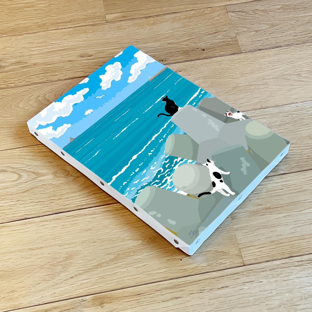 湘南・茅ヶ崎で描く、海を感じるイラストアート 『 湘南ランドスケープ10：午後の集会、俺たちの海 』　キャンバスアートパネル（小） /絵画 風景 犬 猫
