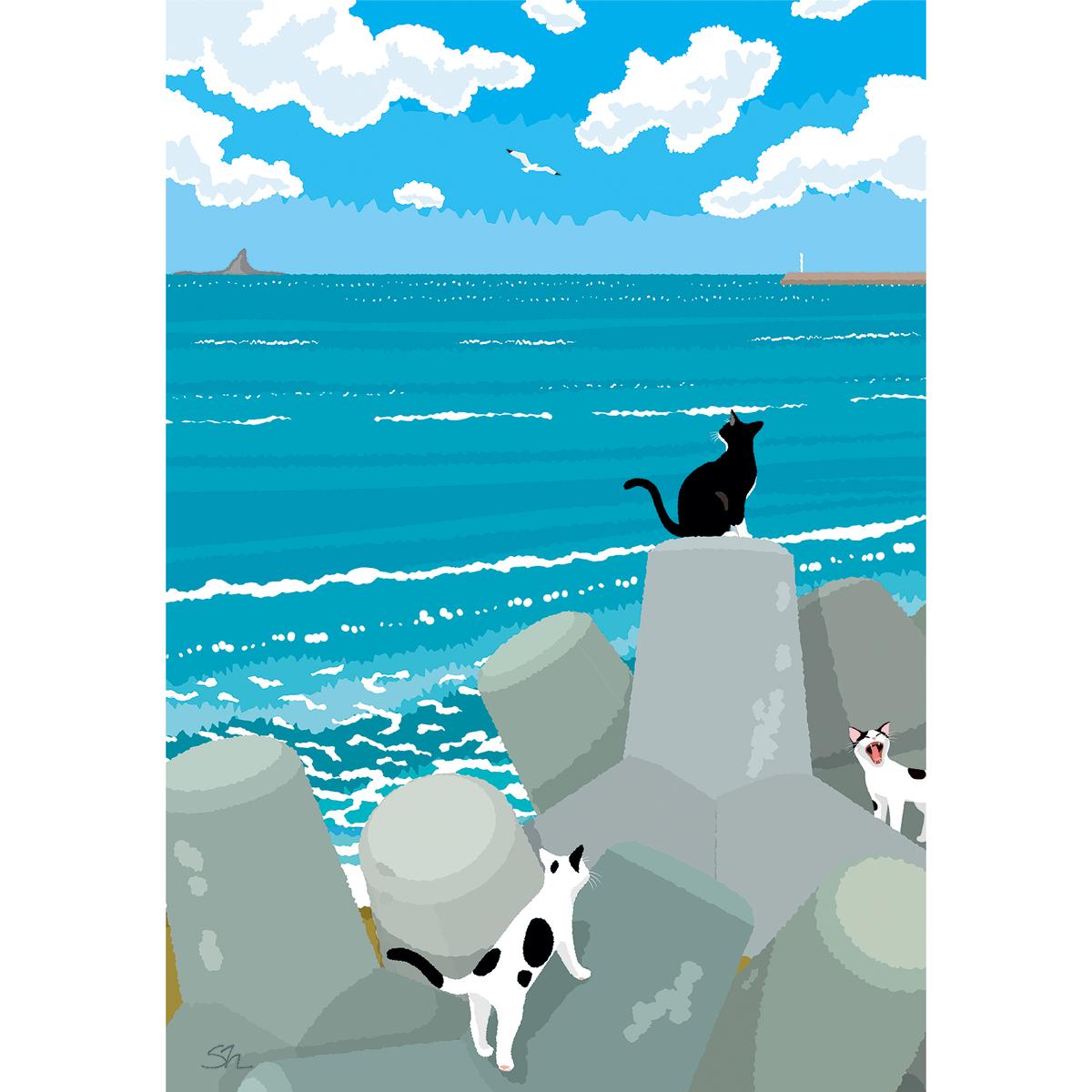 湘南・茅ヶ崎で描く、海を感じるイラストアート 『 湘南ランドスケープ10：午後の集会、俺たちの海 』　キャンバスアートパネル（小） /絵画 風景 犬 猫