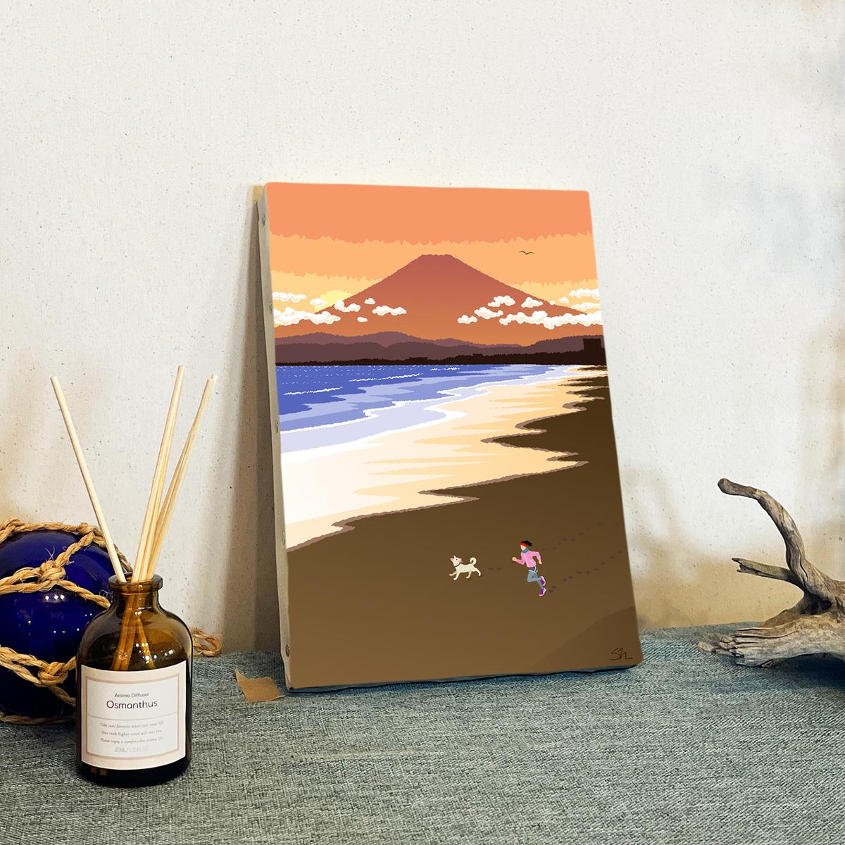 湘南・茅ヶ崎で描く、海を感じるイラストアート 『 湘南ランドスケープ11：湘南の富士と夕焼けの軌跡 』　キャンバスアートパネル（小） /絵画 風景 犬 猫