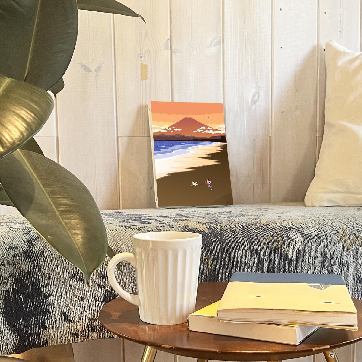 湘南・茅ヶ崎で描く、海を感じるイラストアート 『 湘南ランドスケープ11：湘南の富士と夕焼けの軌跡 』　キャンバスアートパネル（小） /絵画 風景 犬 猫