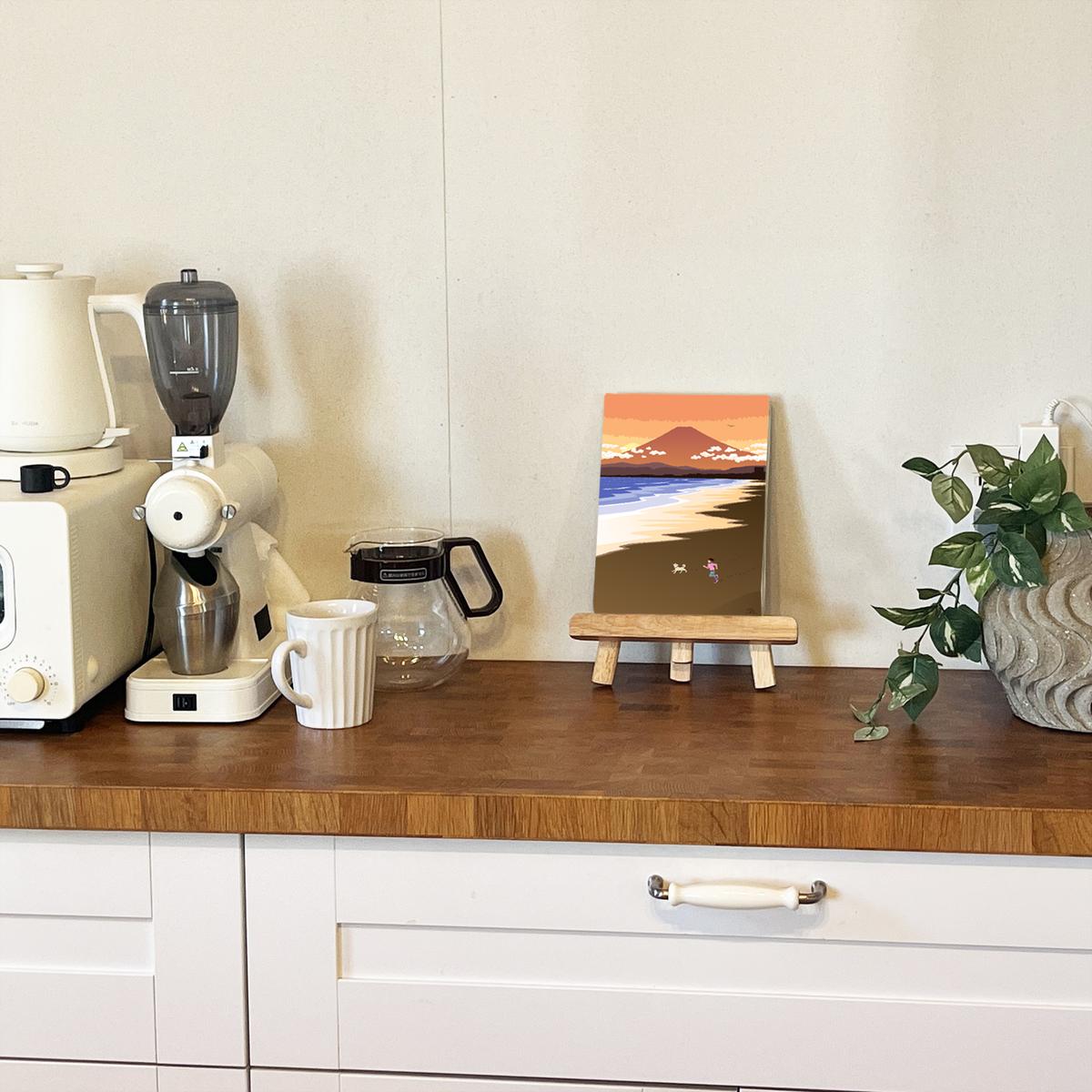 湘南・茅ヶ崎で描く、海を感じるイラストアート 『 湘南ランドスケープ11：湘南の富士と夕焼けの軌跡 』　キャンバスアートパネル（小） /絵画 風景 犬 猫