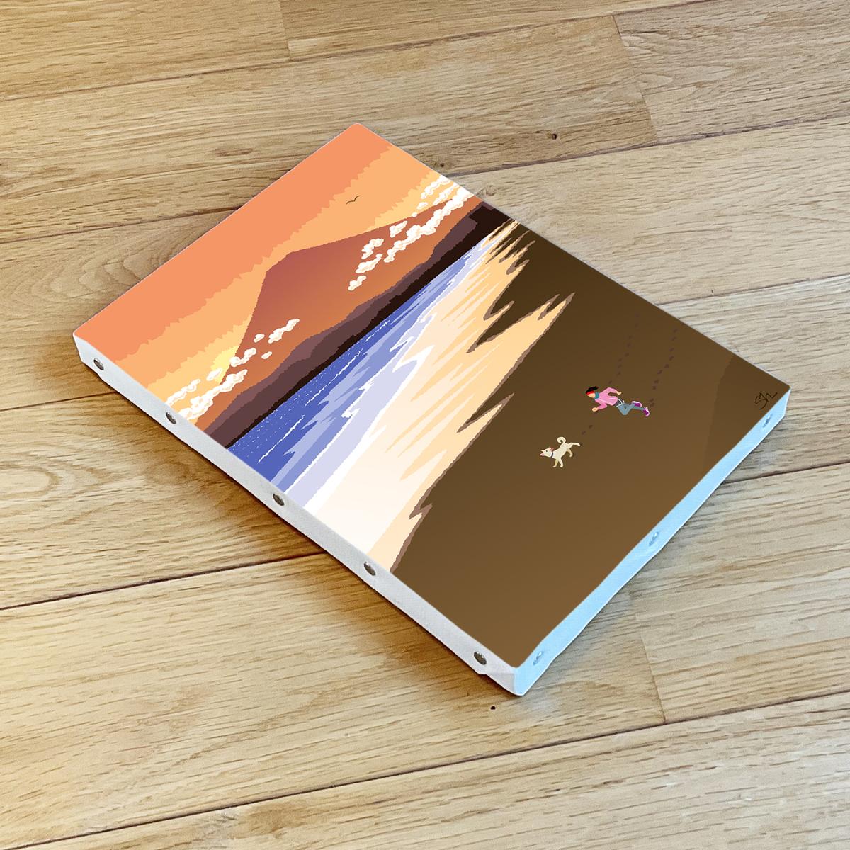 湘南・茅ヶ崎で描く、海を感じるイラストアート 『 湘南ランドスケープ11：湘南の富士と夕焼けの軌跡 』　キャンバスアートパネル（小） /絵画 風景 犬 猫