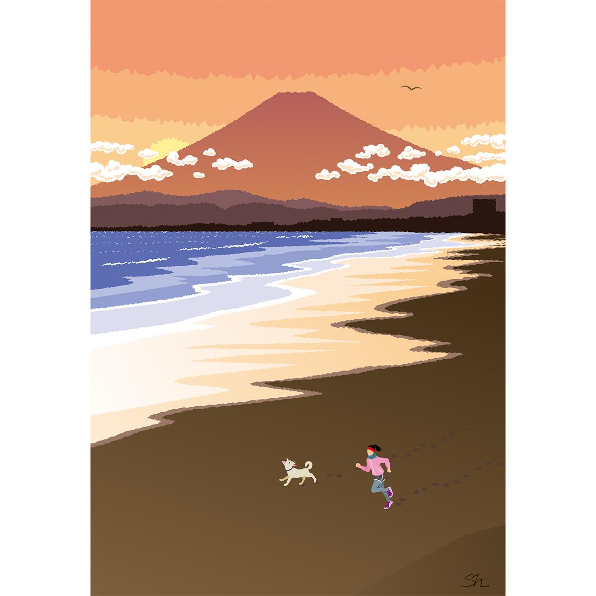 湘南・茅ヶ崎で描く、海を感じるイラストアート 『 湘南ランドスケープ11：湘南の富士と夕焼けの軌跡 』　キャンバスアートパネル（小） /絵画 風景 犬 猫