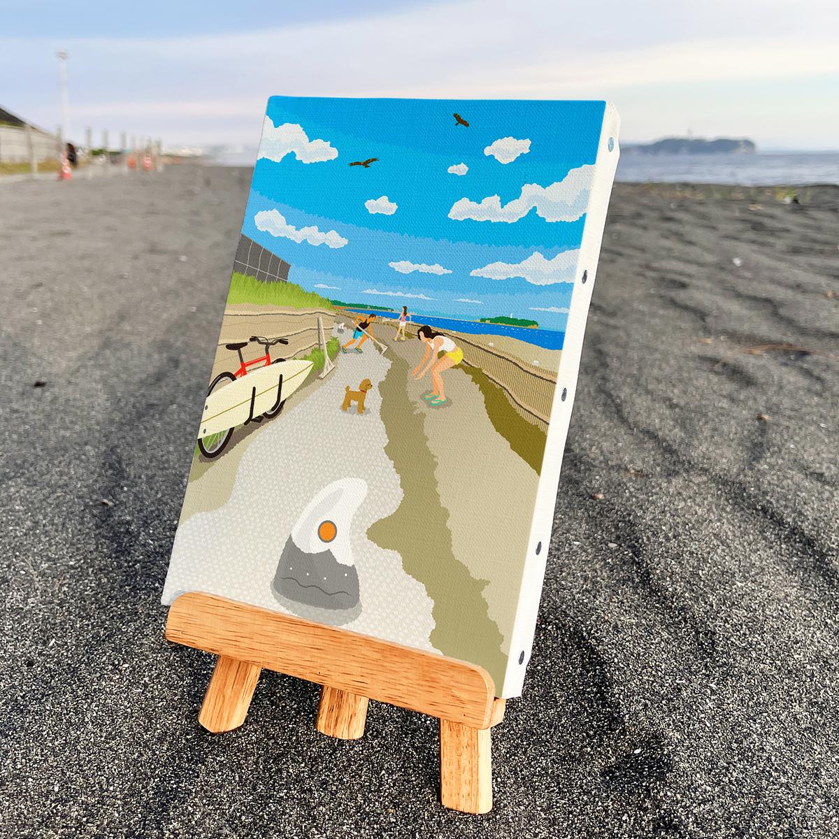 【神奈川県茅ヶ崎市】湘南・茅ヶ崎で描く、海を感じるイラストアート 『 湘南ランドスケープ12:茅ヶ崎から江ノ島へ、湘南サイクリングロード 』 キャンバスアートパネル(小) /絵画 風景 犬 猫