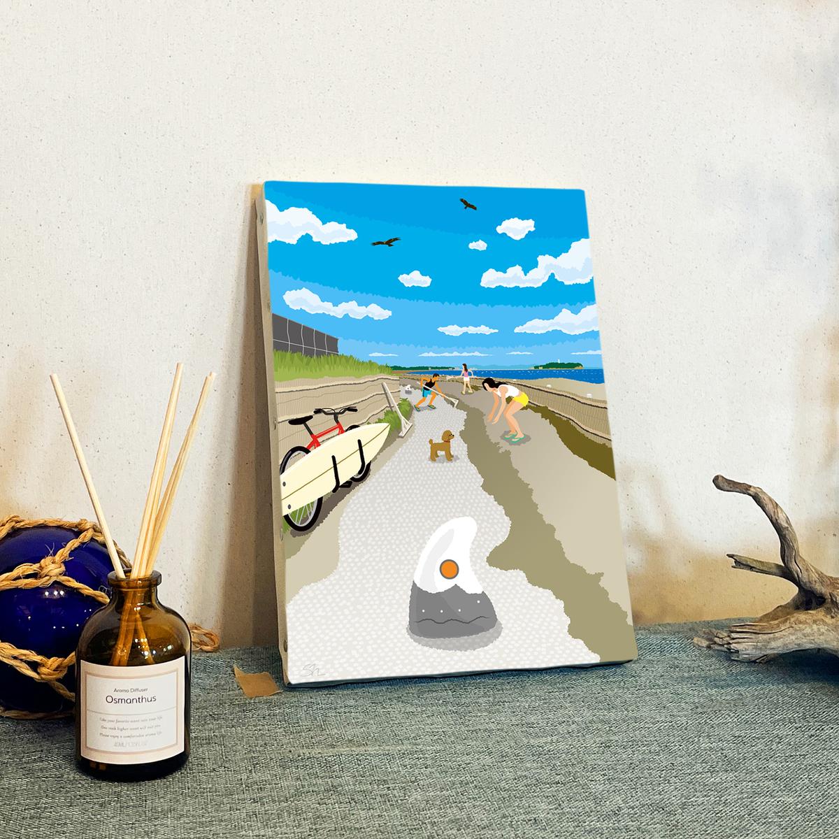 湘南・茅ヶ崎で描く、海を感じるイラストアート 『 湘南ランドスケープ12：茅ヶ崎から江ノ島へ、湘南サイクリングロード 』　キャンバスアートパネル（小） /絵画 風景 犬 猫