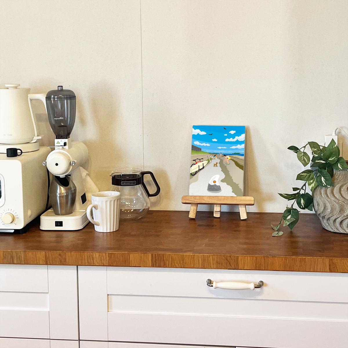 湘南・茅ヶ崎で描く、海を感じるイラストアート 『 湘南ランドスケープ12：茅ヶ崎から江ノ島へ、湘南サイクリングロード 』　キャンバスアートパネル（小） /絵画 風景 犬 猫