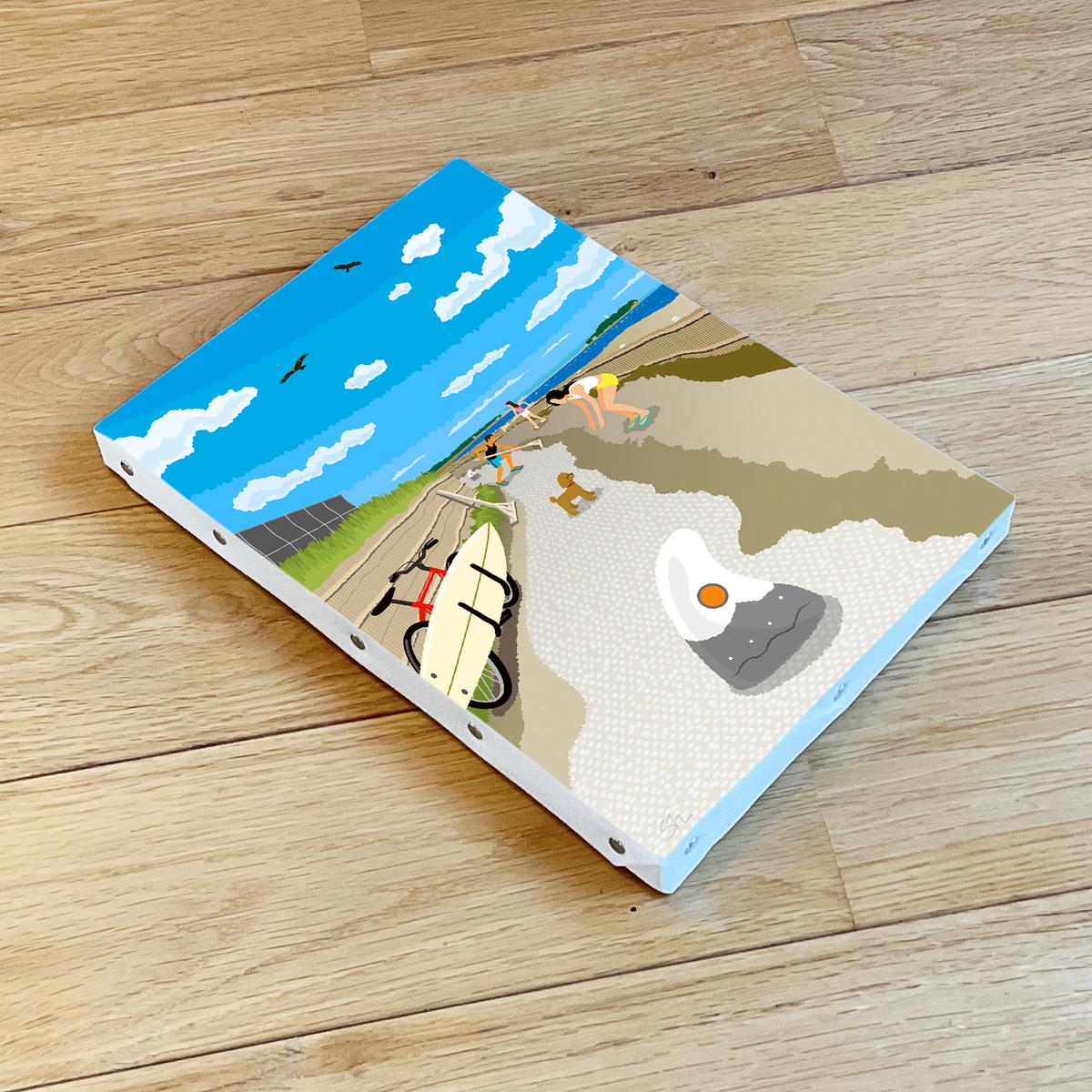 湘南・茅ヶ崎で描く、海を感じるイラストアート 『 湘南ランドスケープ12：茅ヶ崎から江ノ島へ、湘南サイクリングロード 』　キャンバスアートパネル（小） /絵画 風景 犬 猫