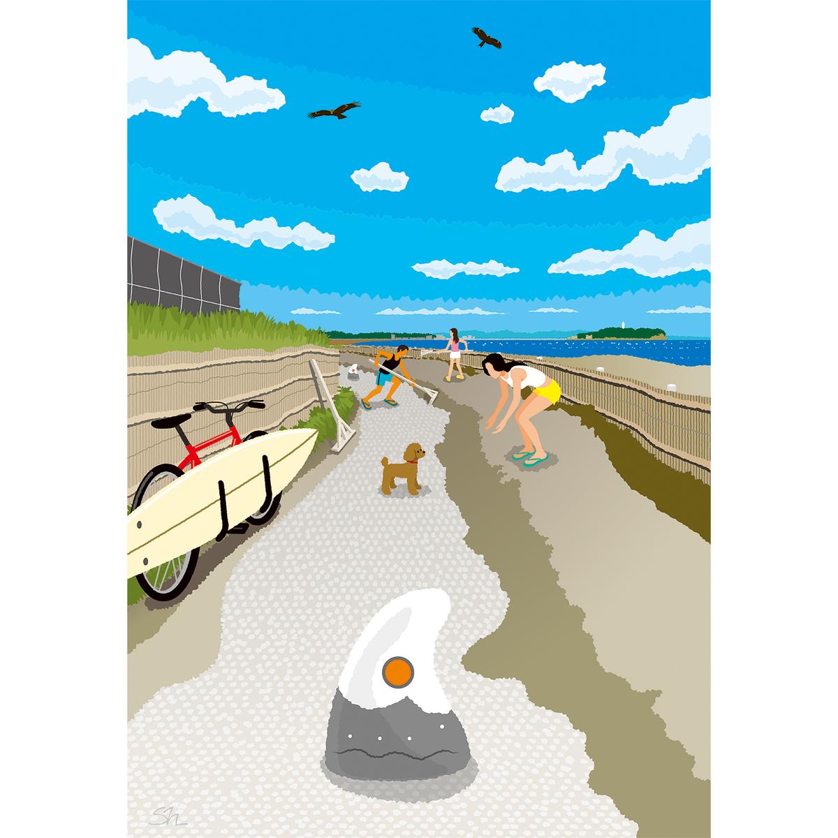 湘南・茅ヶ崎で描く、海を感じるイラストアート 『 湘南ランドスケープ12：茅ヶ崎から江ノ島へ、湘南サイクリングロード 』　キャンバスアートパネル（小） /絵画 風景 犬 猫