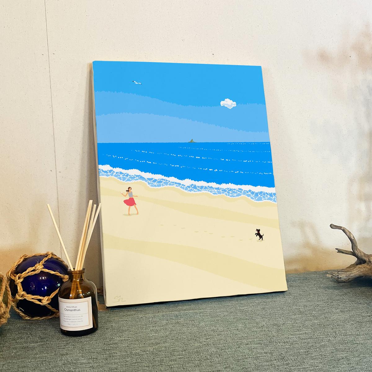 湘南・茅ヶ崎で描く、海を感じるイラストアート 『 湘南ランドスケープ01：波打ち際のキャッチボール 』　キャンバスアートパネル（中） 絵画 風景 犬 猫