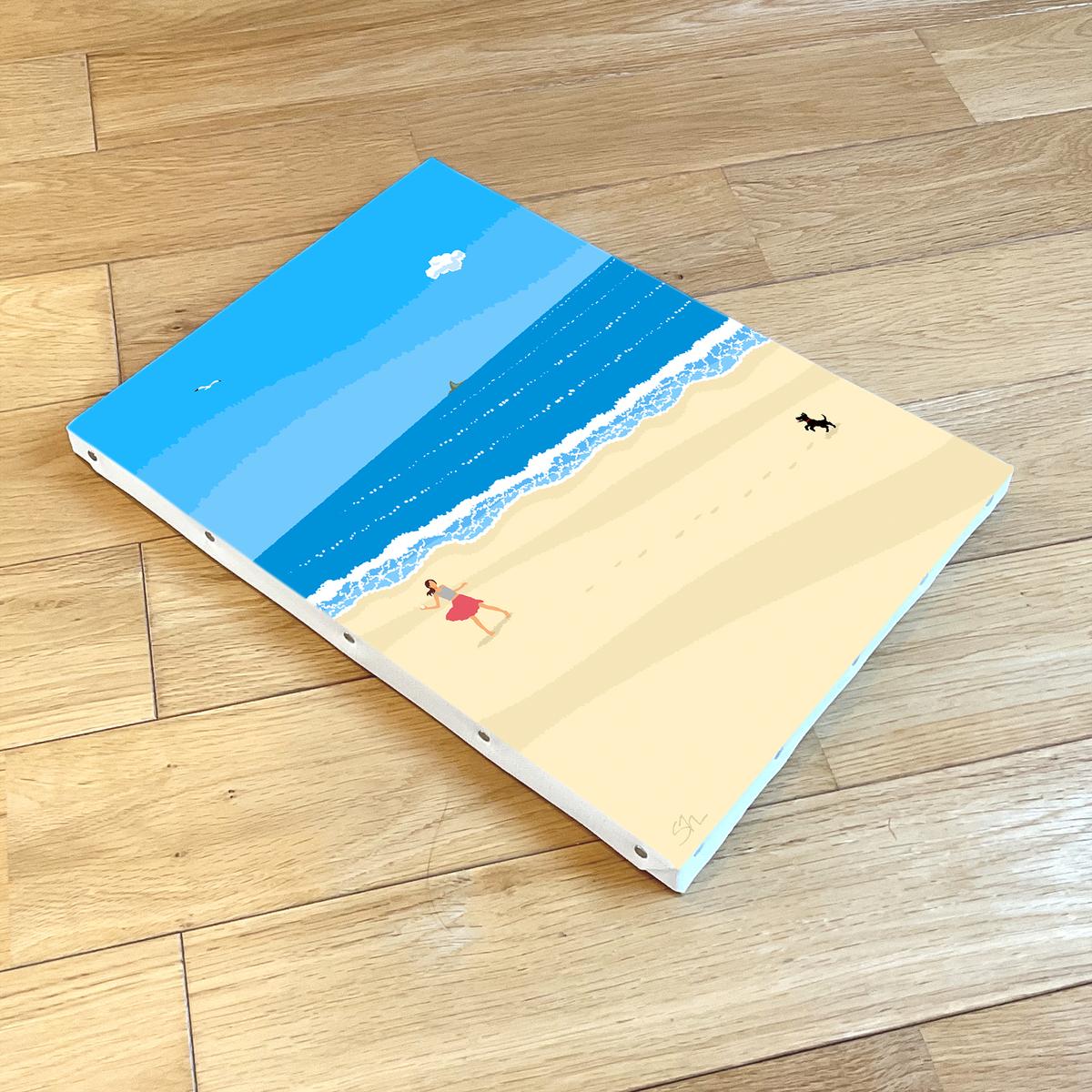 湘南・茅ヶ崎で描く、海を感じるイラストアート 『 湘南ランドスケープ01：波打ち際のキャッチボール 』　キャンバスアートパネル（中） 絵画 風景 犬 猫