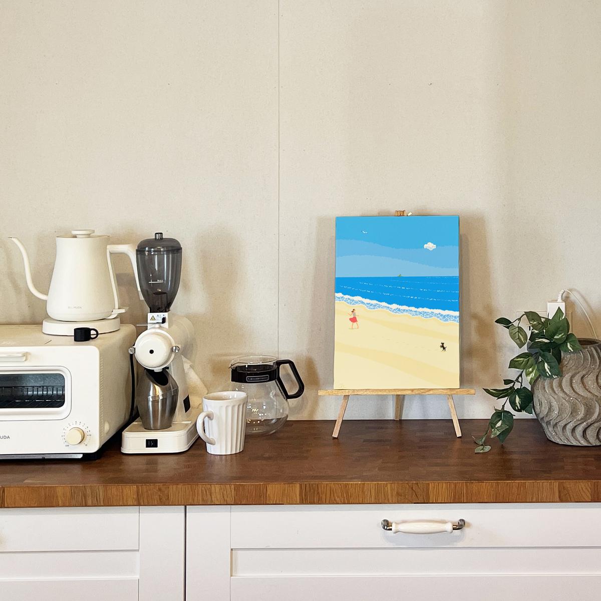 湘南・茅ヶ崎で描く、海を感じるイラストアート 『 湘南ランドスケープ01：波打ち際のキャッチボール 』　キャンバスアートパネル（中） 絵画 風景 犬 猫