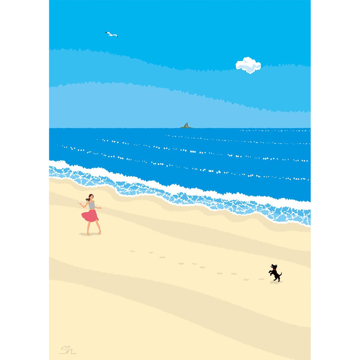 湘南・茅ヶ崎で描く、海を感じるイラストアート 『 湘南ランドスケープ01：波打ち際のキャッチボール 』　キャンバスアートパネル（中） 絵画 風景 犬 猫