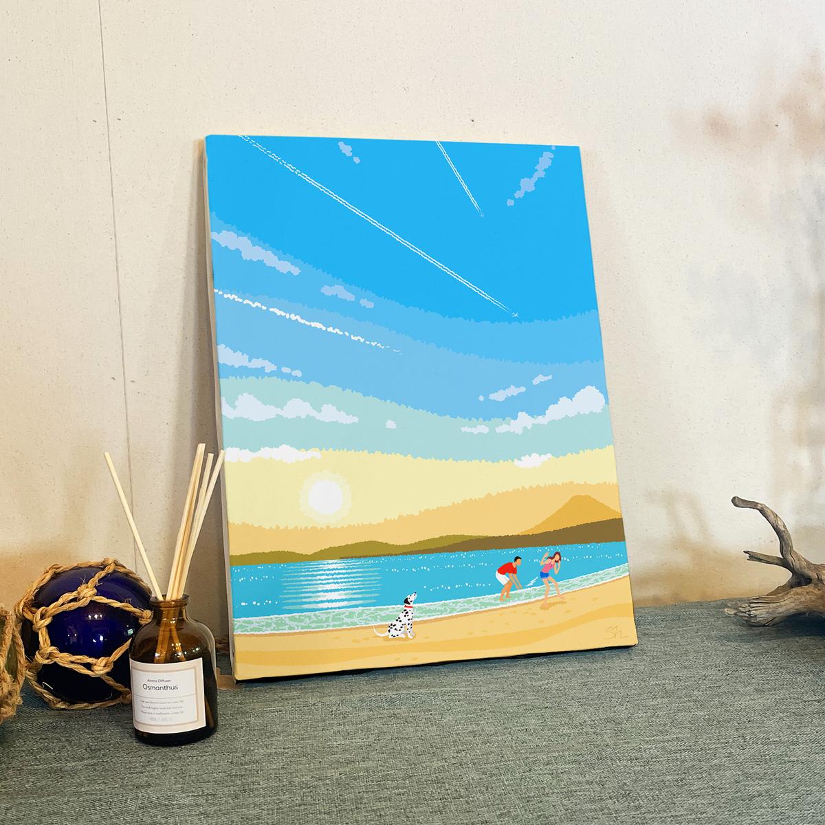 湘南・茅ヶ崎で描く、海を感じるイラストアート 『 湘南ランドスケープ02：ひこうき雲 』　キャンバスアートパネル（中） /絵画 風景 犬 猫