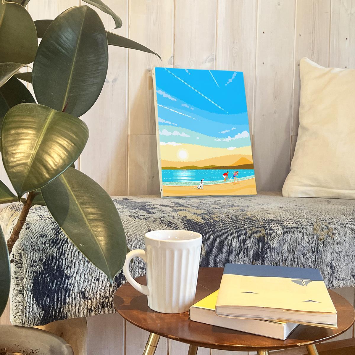 湘南・茅ヶ崎で描く、海を感じるイラストアート 『 湘南ランドスケープ02：ひこうき雲 』　キャンバスアートパネル（中） /絵画 風景 犬 猫