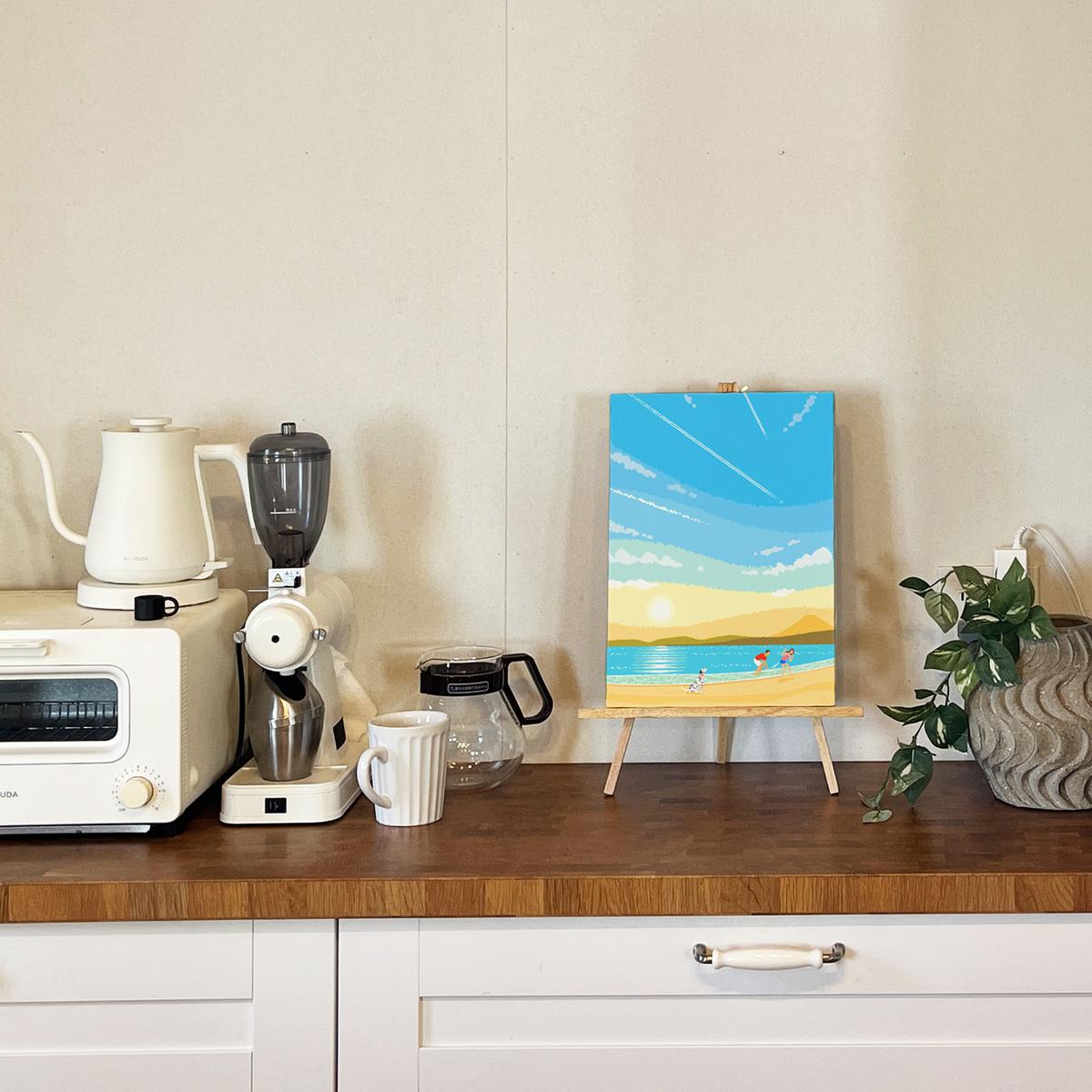 湘南・茅ヶ崎で描く、海を感じるイラストアート 『 湘南ランドスケープ02：ひこうき雲 』　キャンバスアートパネル（中） /絵画 風景 犬 猫