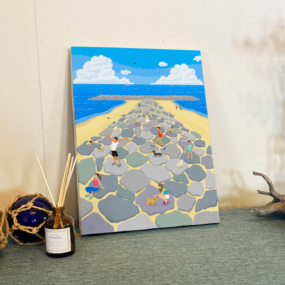 湘南・茅ヶ崎で描く、海を感じるイラストアート 『 湘南ランドスケープ03：茅ヶ崎　ヘッドランド 』　キャンバスアートパネル（中） /絵画 風景 犬 猫