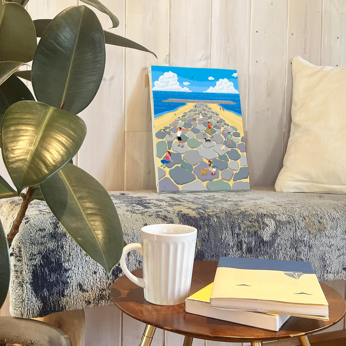 湘南・茅ヶ崎で描く、海を感じるイラストアート 『 湘南ランドスケープ03：茅ヶ崎　ヘッドランド 』　キャンバスアートパネル（中） /絵画 風景 犬 猫